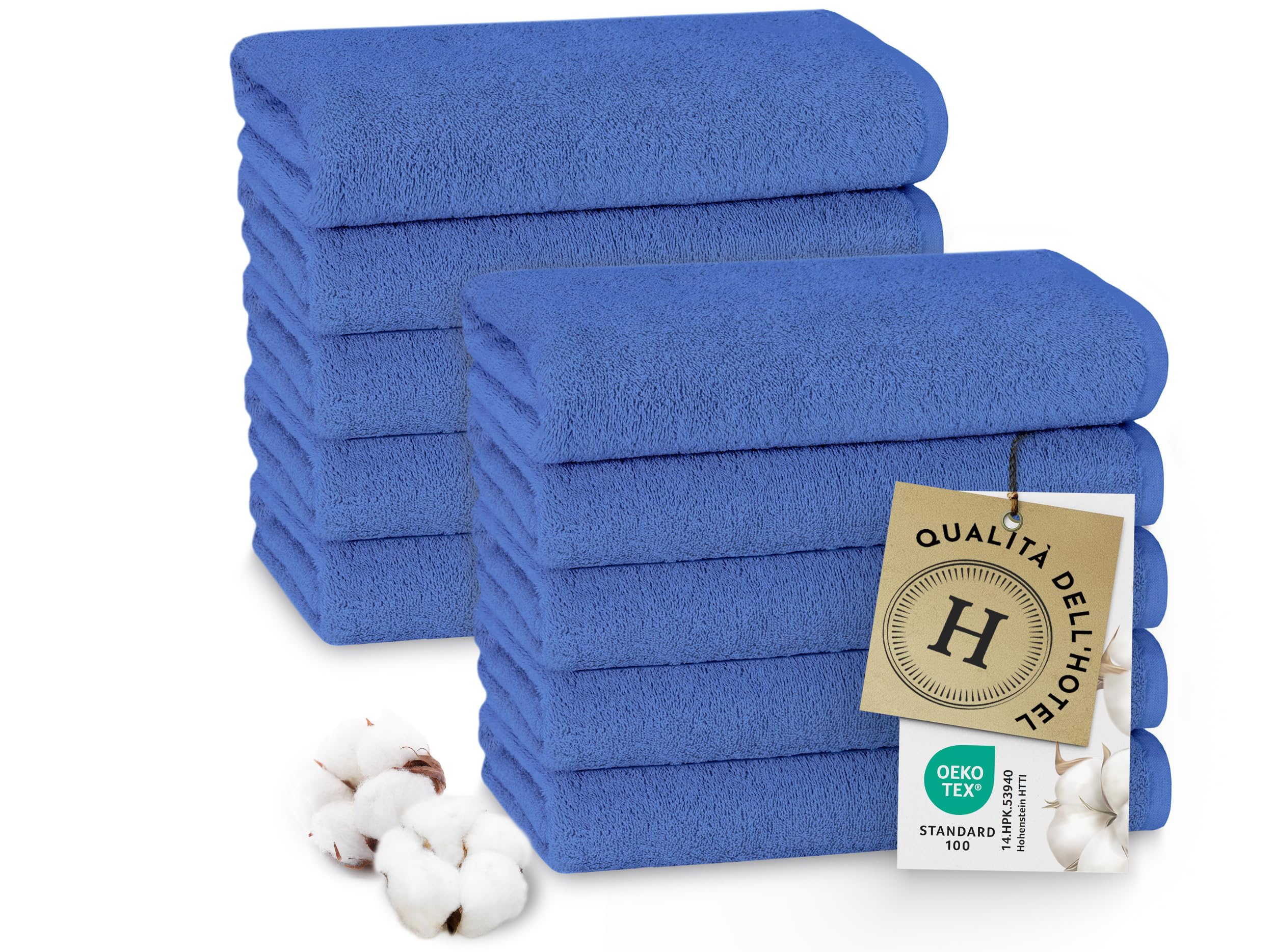 ZOLLNER Set da 10 asciugamani 50x10 cm – morbidi e assorbente - blu | con pratico gancetto – lavabile a 95°C – Cotone – Qualitá alberghiera