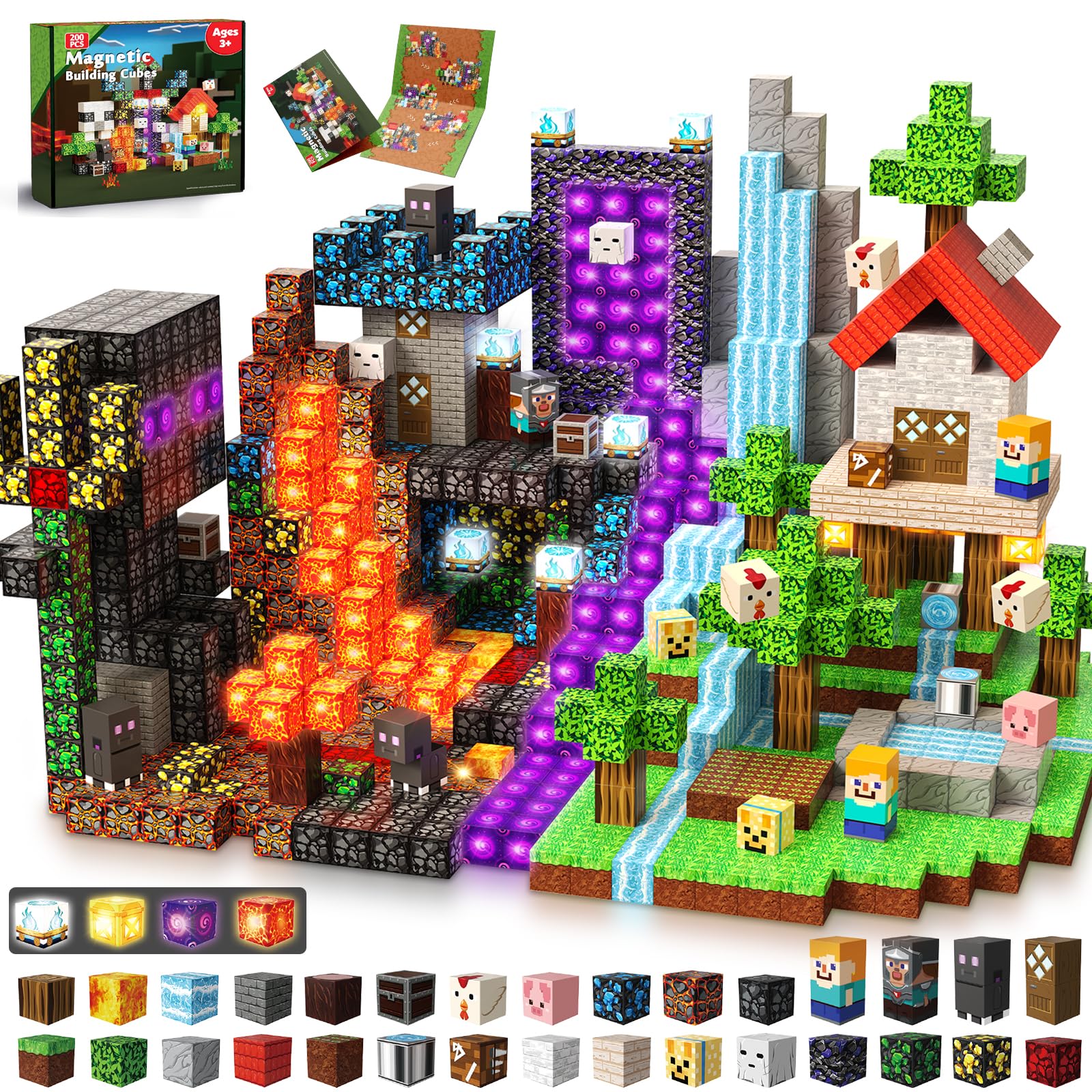 GraceDuck Light Up Magnetic Blocks 200 Pieces Build Volcano Forest Portal Castle, Fun Magnetic Building Cubes with LED Lights, Sensory Learning Toys for Kids Aged 3 4 5 6 7 8 Year Old Boys Girls Gift