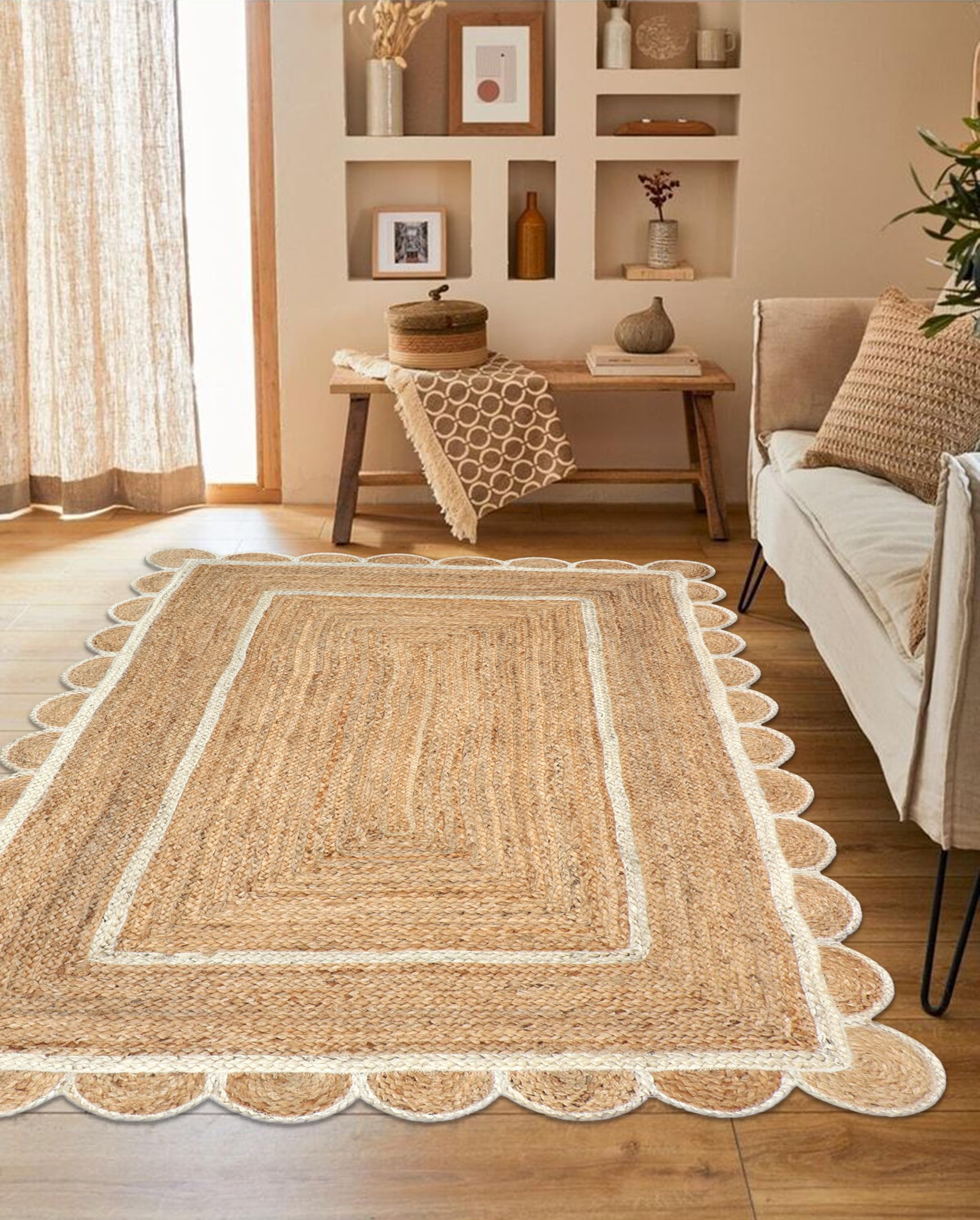 The Home Talk Scalloped Jute Rectangular Rug - Natural Fiber Scallop Rug Rustic Vintage Braided Handwoven Indoor Carpet for Entryway/Kitchen/Frontdoor (Natural & White, 120 x 180 cm)