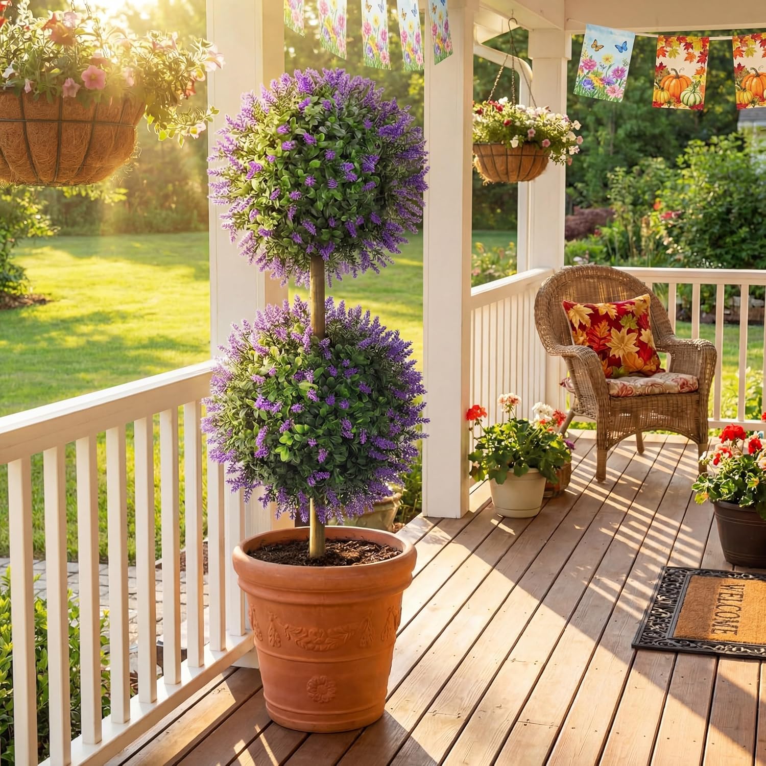 Yunlly 2 Pack 35.4 in Artificial Double Ball Boxwood Topiary Trees for Outdoor Artificial Boxwood Topiary Tree with Lavender UV Resistant Fake Greenery Plant for Front Door Porch Home Garden Decor