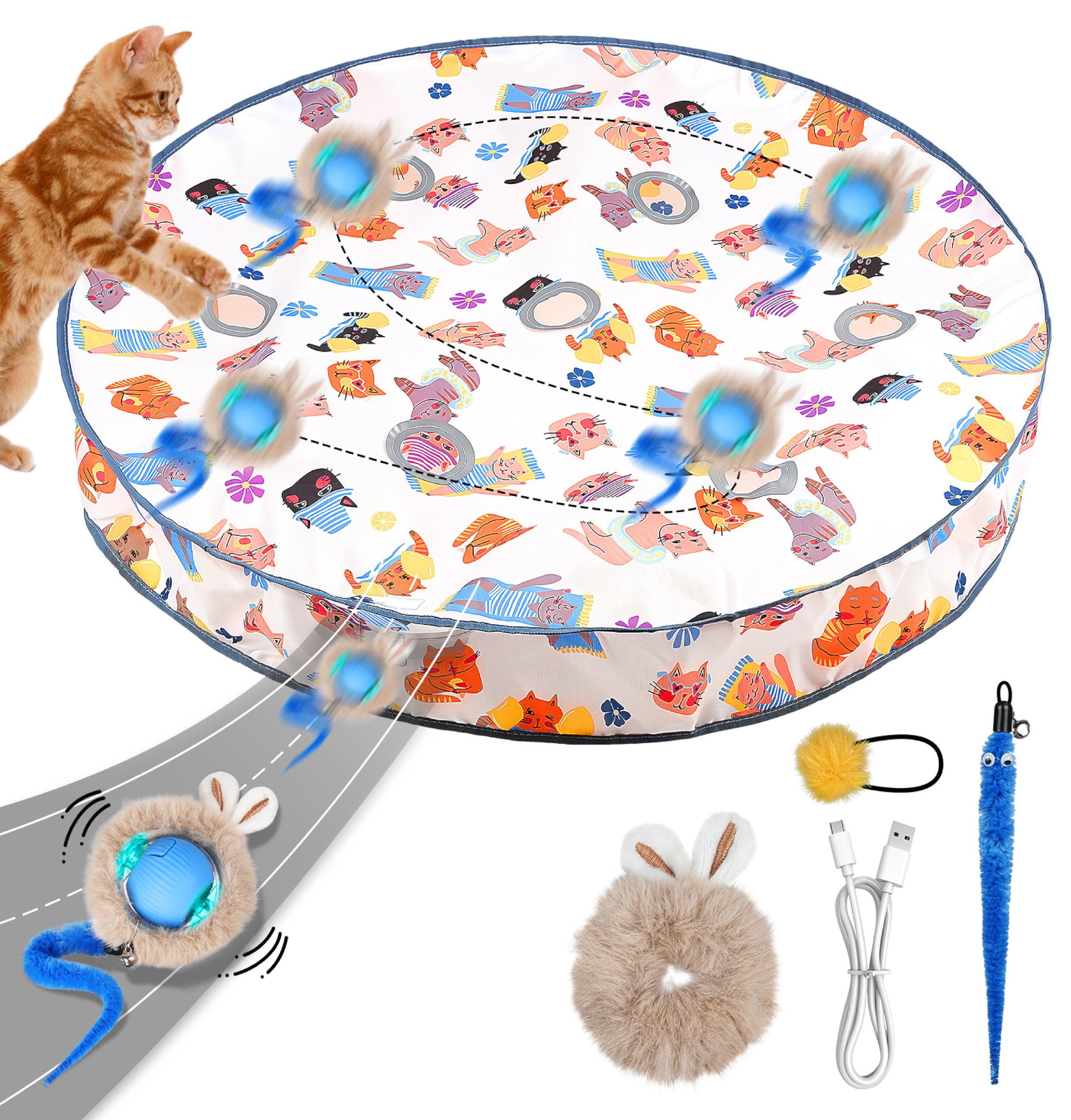 Vicloon Interactive Cat Toys, 7 Holes Maze Mat Automatic Moving Ball Kitten Toys, Feather Tail, Touch Activation, Hide and Seek Interactive Cat Toy for Indoor Cats Adult (Animal)