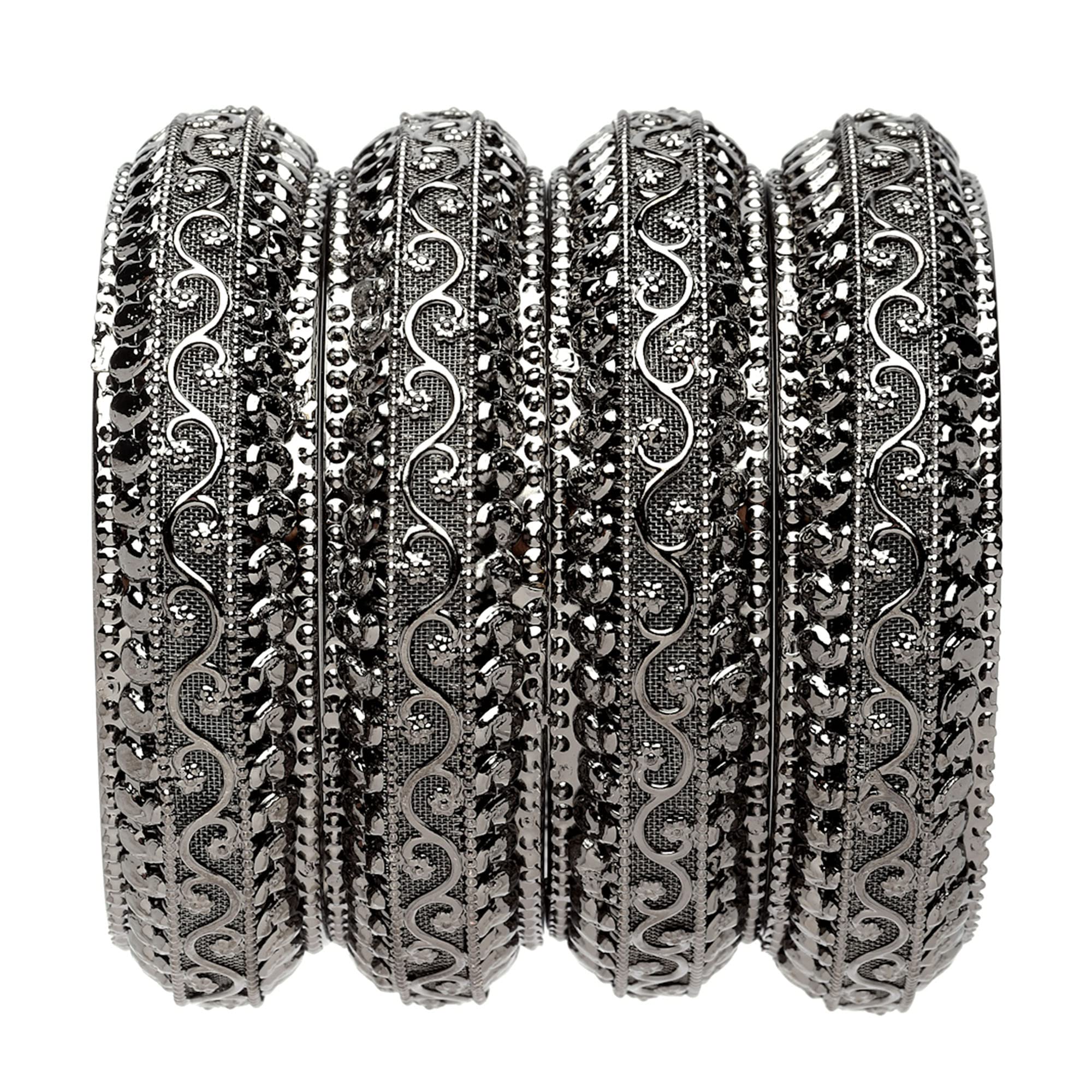 zeneme Set Of 4 Oxidised Silver-Plated Classic Intricate Textured Bangles Jewellery Set for Girls and Women (Silver Toned, 2.4)-picture-6