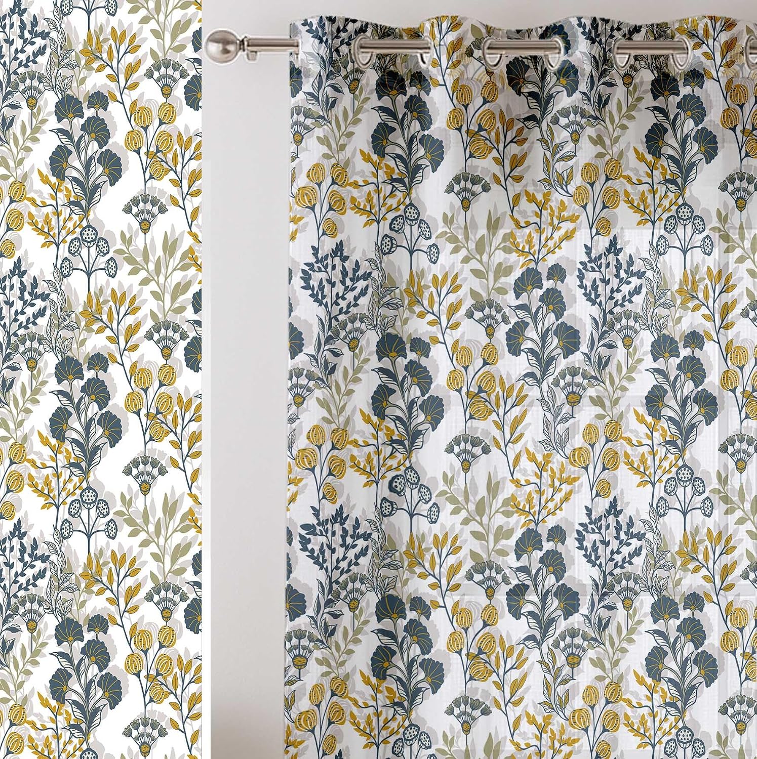 Botanical Print Sheer Curtains for Short Windows - Set of 2 Panels, 63", Grommet Top, Printed Georgette, Light Filtering Drapes for Kitchen or Bedroom