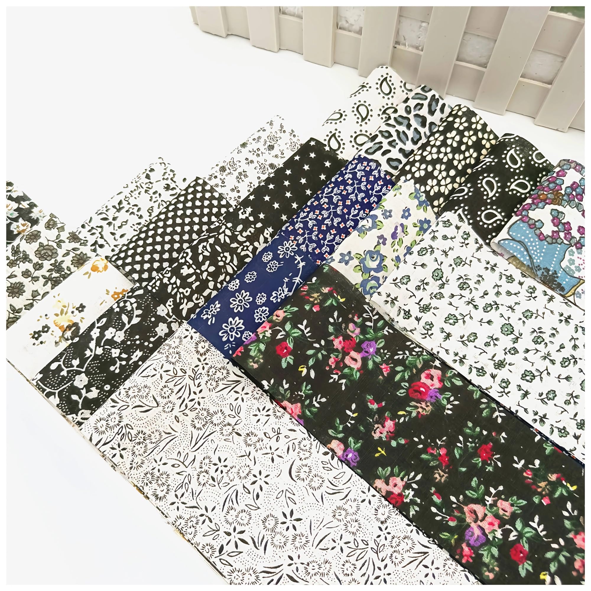 Patchwork Stoffe 40-teiliges schwarzes, gestepptes, bedrucktes Stoffrollenset aus reiner Baumwolle, vorgeschnittene dekorative quadratische Aufnäher