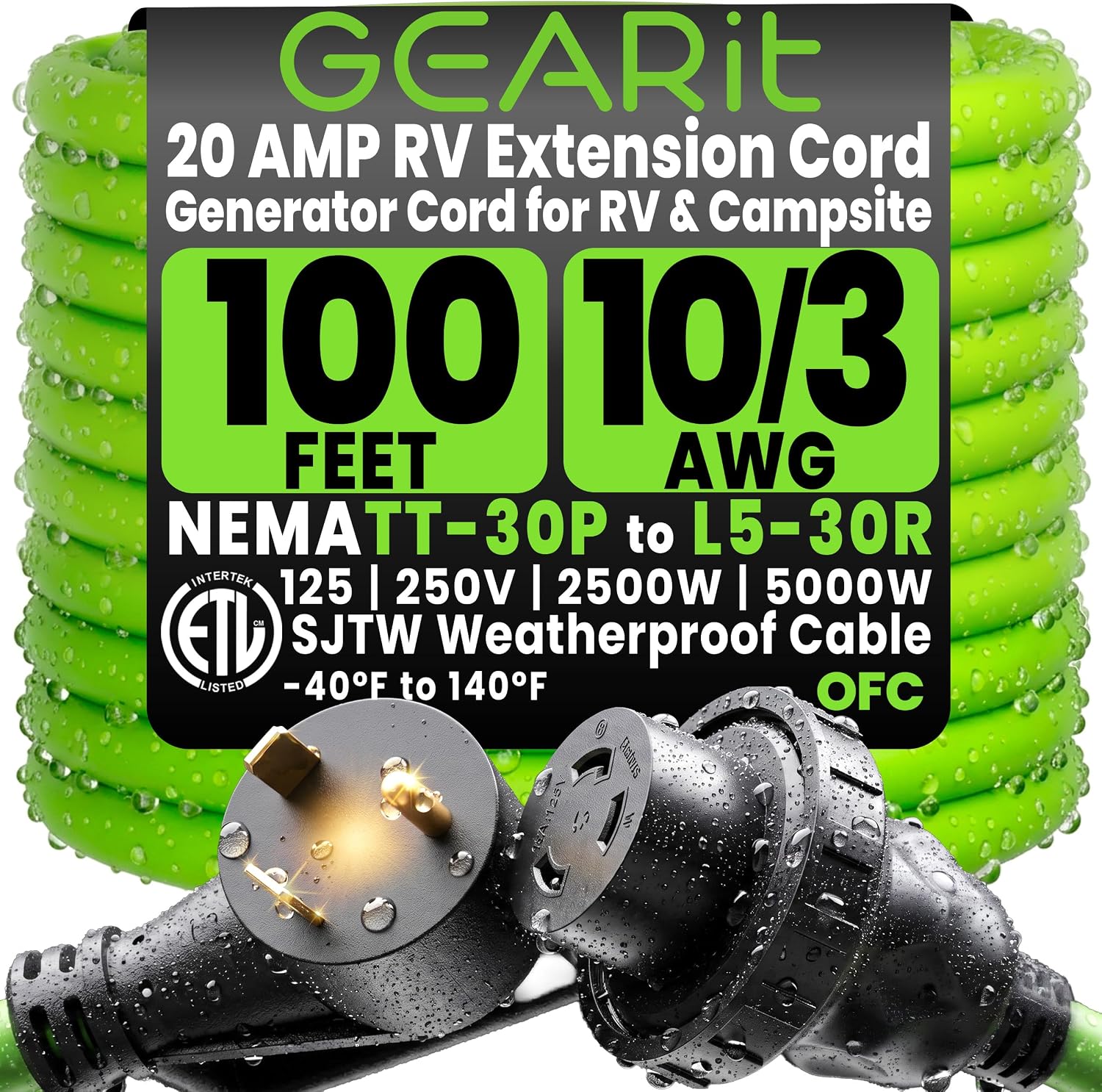 GEARit 20 Amp RV Extension Cord 100 Ft, NEMA TT-30P to L5-30R 30amp Generator Cord, 10/3 STW 10 AWG 3 Prong Twist Lock, 125V Heavy Duty Power Cord for RV Camper Trailer & Portable Generator