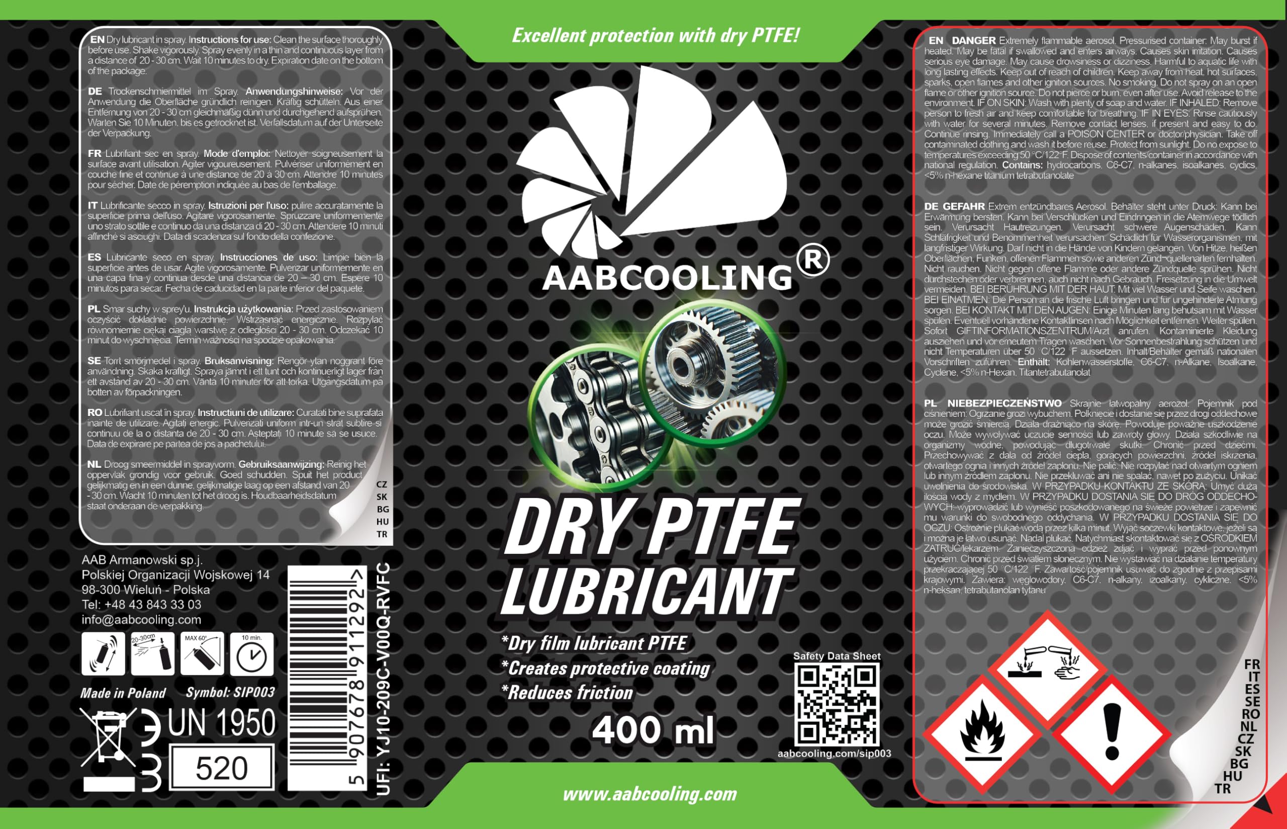 AABCOOLING Dry PTFE Lubricant 400 ml – smar teflonowy do narzędzi elektrycznych i mechanicznych w spreju, do prowadnic, szyn i plastikowych elementów ślizgowych – redukuje tarcie