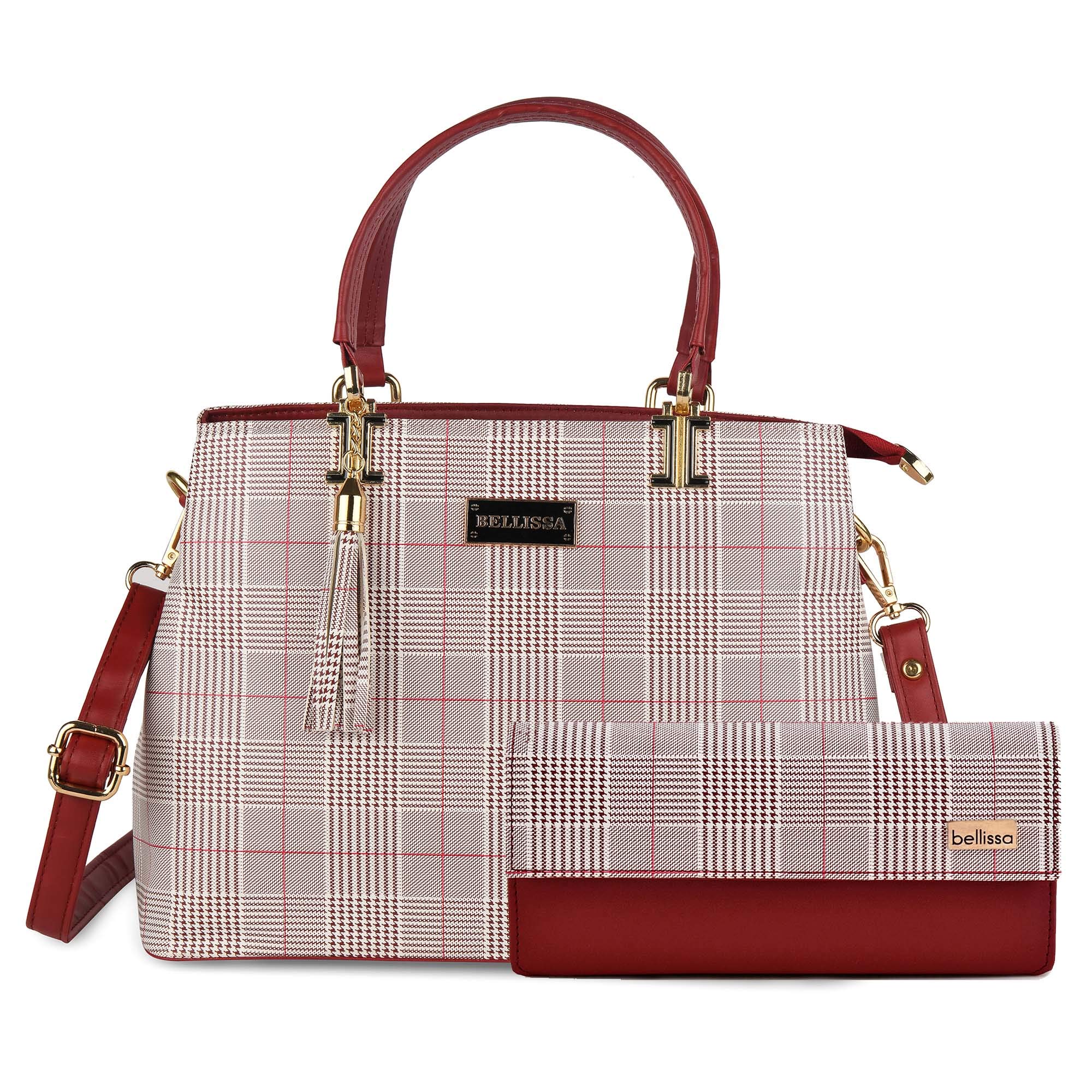 BELLISSA Checkered Printed PU Leather Handbag & Wallet Combo For Women Shoulder Bag Adjustable & Detachable Sling Strap Ladies Wallet For Women Pack Of 2