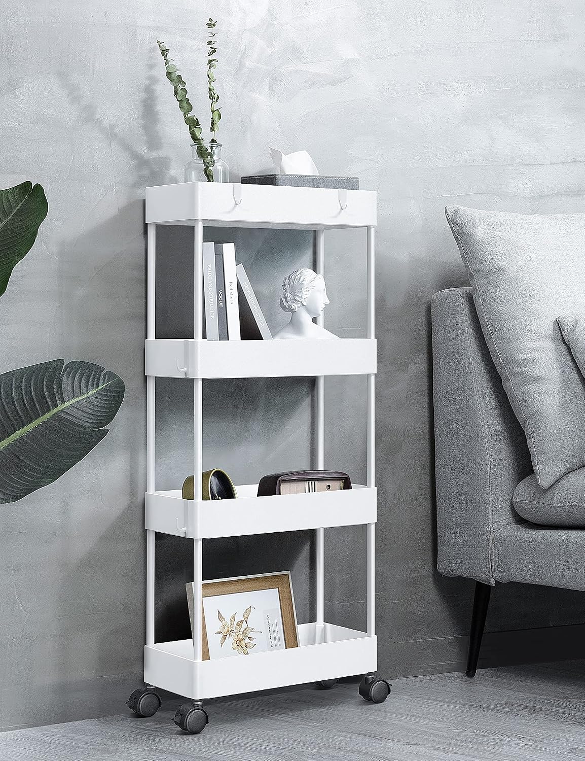 BASSTOP Storage Cart 4 Tier Bathroom Storage Organizer Rolling Utility Cart, Slide Out Storage Shelves Mobile Shelving Unit for Bathroom Kitchen Bedroom Laundry Narrow Places