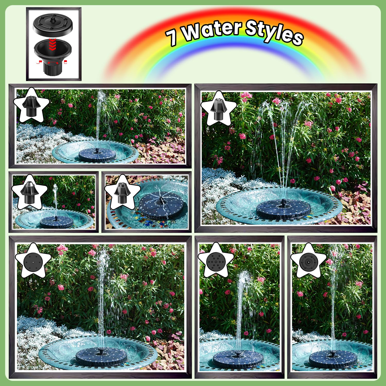 SZMP Fuente Solar 6W con Mando a Distancia, 54 Leds Colorido con Baterías 4000mAh, 2026 Nuevo Bomba de Agua Solar, 8 boquillas y 4 fijadores, para Estanque de Jardín Fuente, Baño para Pájaros, Piscina