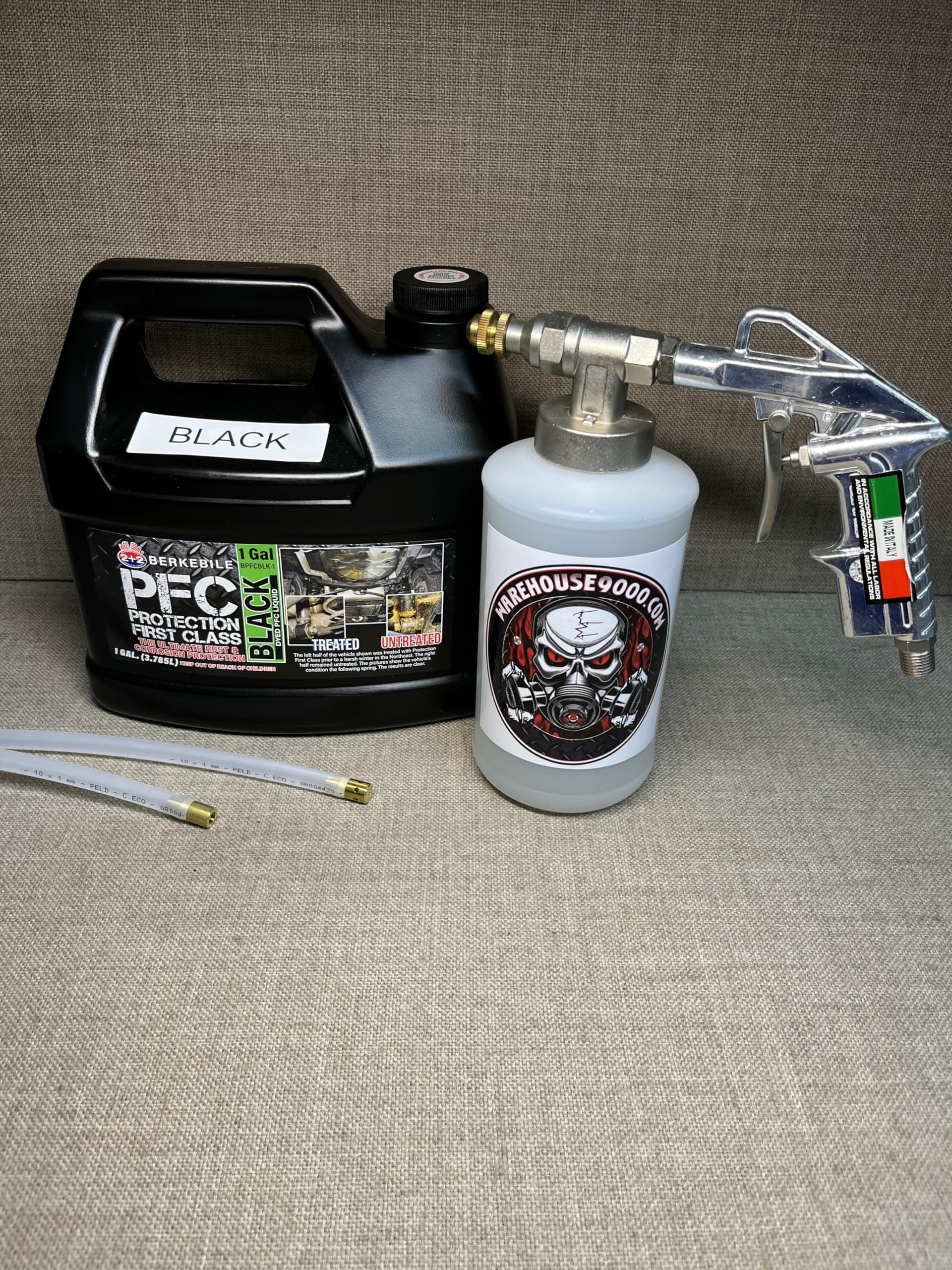 Gallon PFC Black, Pro Undercoating Spray Gun, 1 Quart Bottle, and 2 Wands