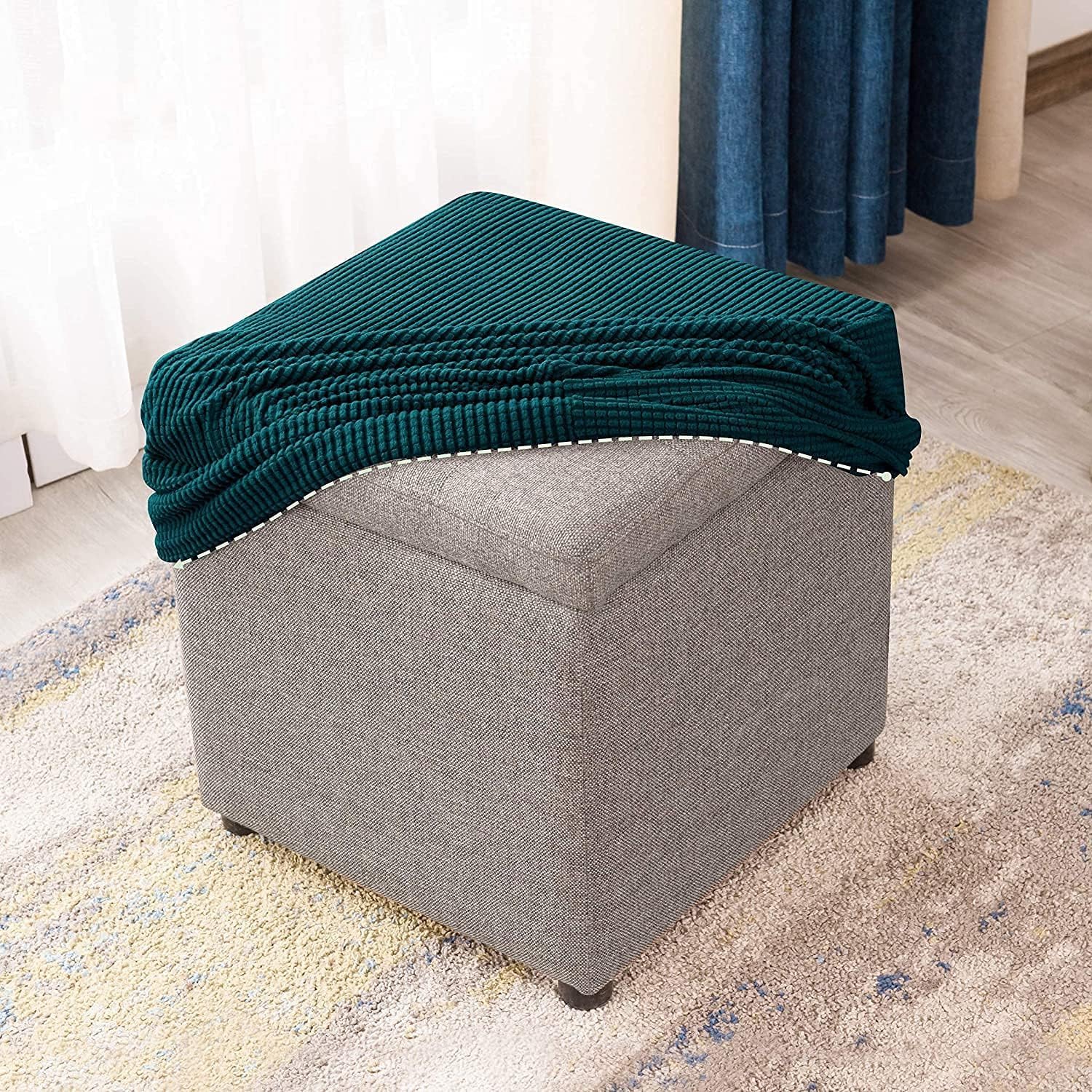 Uyeoco K Square Ottoman Slipcover Stool Covers Stretch Footstool Protector Covers With Elastic Bottom, Feature Textured Checked Fabric Machine Washable(,35X35cm)