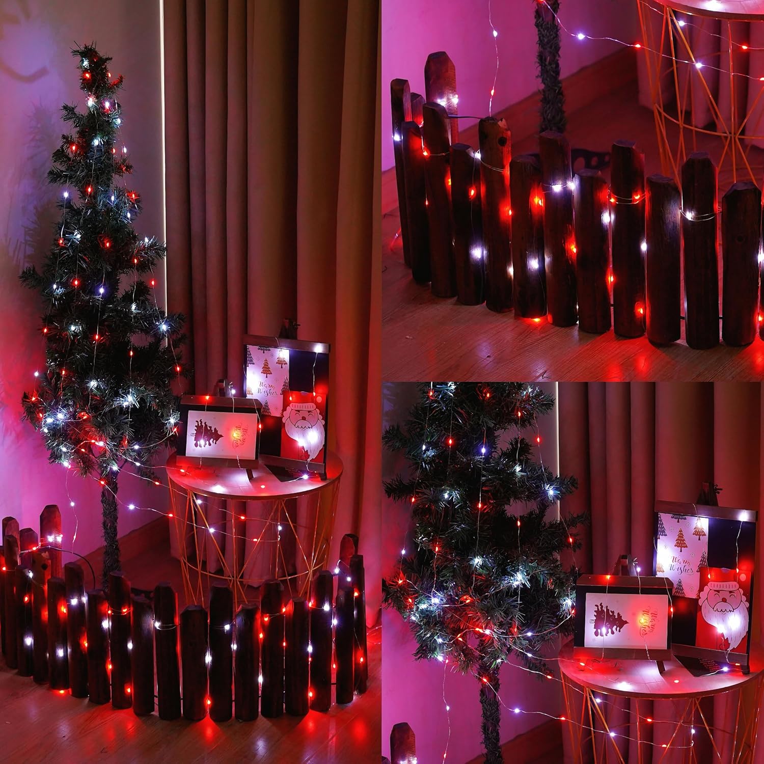 YEGUO 4 Pack Red and White Solar Fairy Lights, Each 33ft 100 LED Christmas Lights Outdoor Waterproof, 8 Modes Sliver Wire Solar String Lights