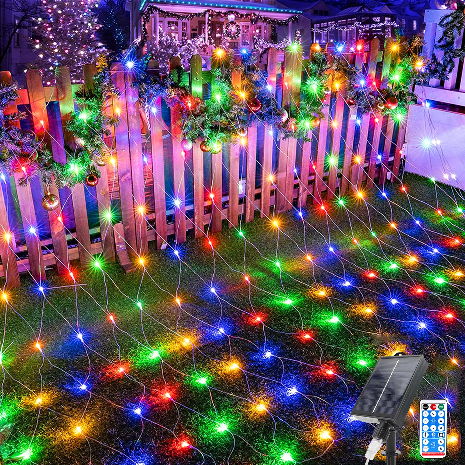 Acxilexy 96 LED Solar Net Lights Outdoor, 4.9 Ft x 4.9 Ft Mesh Fairy Lights with 8 Modes, Remote Control Mesh Fairy Lights, Waterproof Fairy Net Lights for Xmas Tree Lawn Bushes Fence Wall