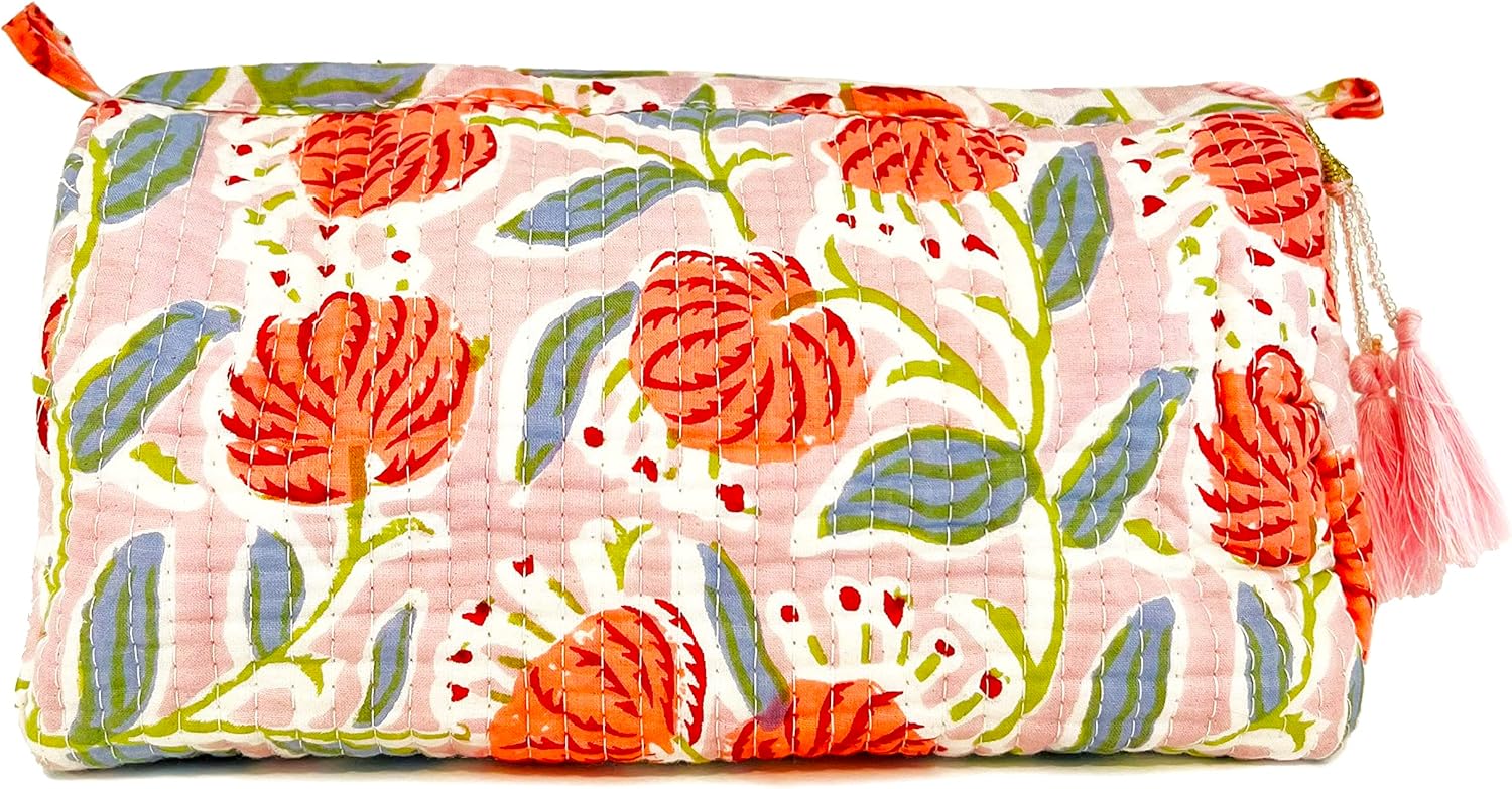 Block Print Designer Toiletry Bag & Makeup Case – Boho Floral Quilted Pouch for Cosmetics, Skincare – Waterproof Lined Organizer for Diaper Bag, Purse, Travel, Gift, Pencils (Pink Multi Floral)
