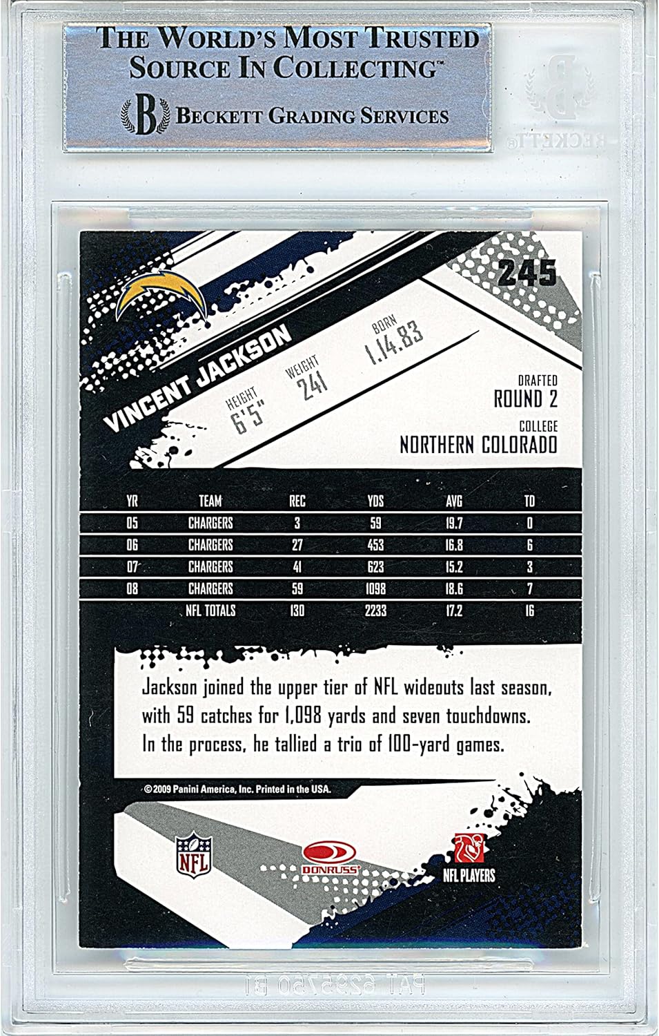 Vincent Jackson Autographed 2009 Score #245 Football Trading Card Slab Beckett BAS Authentic Slabbed COA Played For Los Angeles Chargers NFL