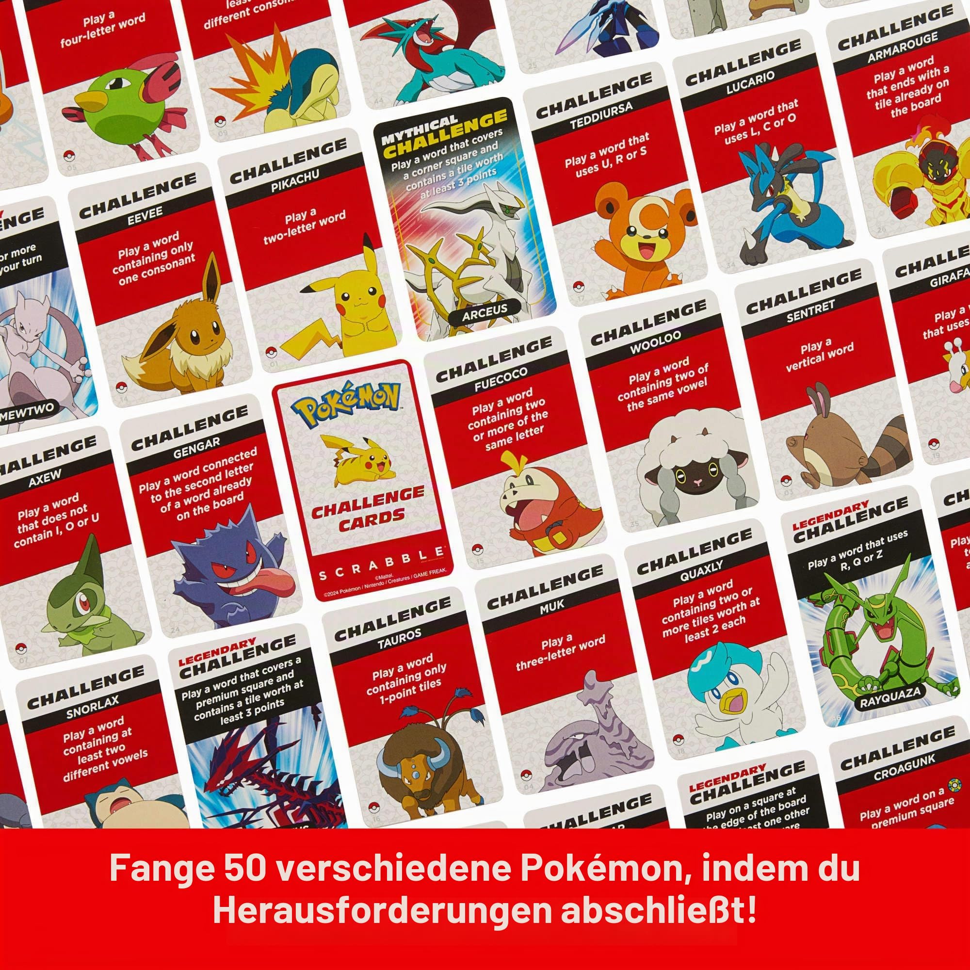 Mattel Games Scrabble Pokémon Brettspiel, Familien-Wortspiel mit zwei Spielmöglichkeiten, enthält 50 Herausforderungskarten mit Pokémon-Figuren für 2–4 Spieler, UK-Version, HXB94