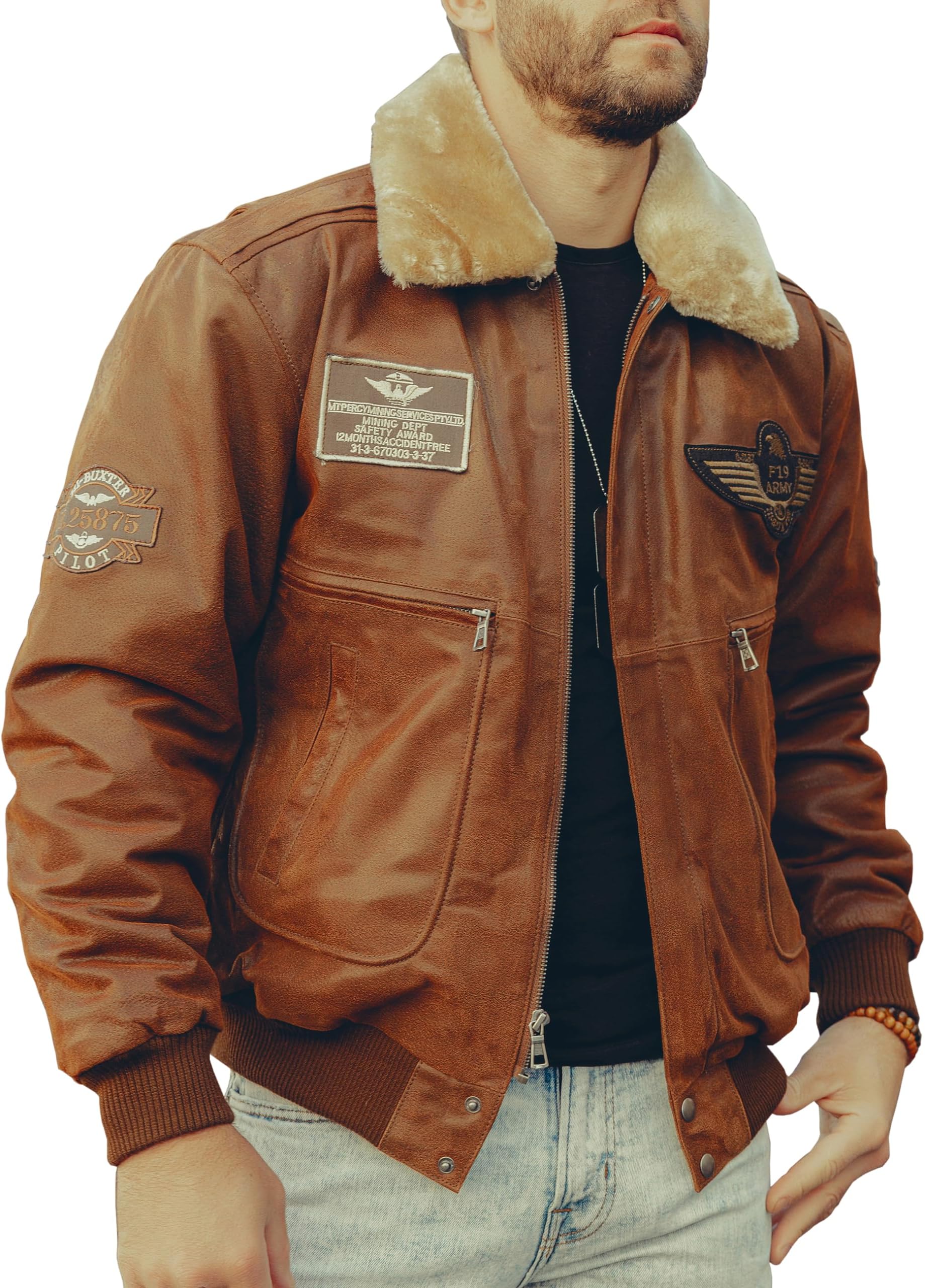 Men's Real Leather Bomber Jacket with Removable Fur Collar Aviator