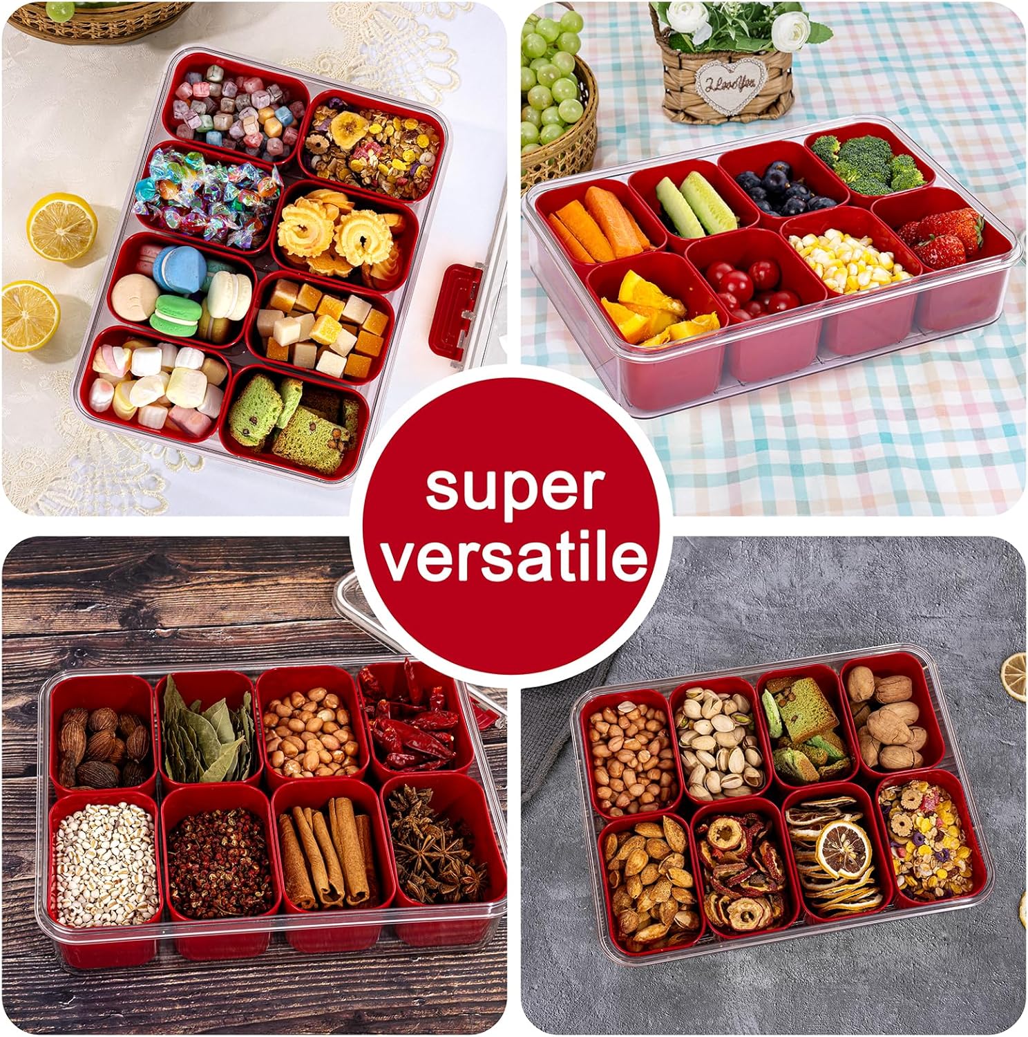 U-QE Dishwasher Safe Snackle Box Container with 8 Small Snacks Box - Premium Red Plastic Divided Serving Tray with Lid and Handle for Snack, Veggie, Fruits, Perfect for Party, Picnic, Entertaining