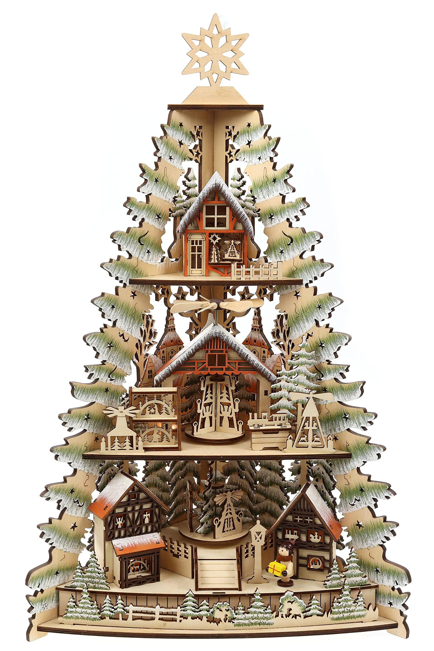 ELLUG 3D Eck-Lichterspitze Holzschnitt als Tannenbaum aus Holz mit Drehelementen zum Stellen mit Licht 33 * 18 * 53cm batteriebetrieben mit On-Off Schalter, Timer Funktion (6h On/18h Off)