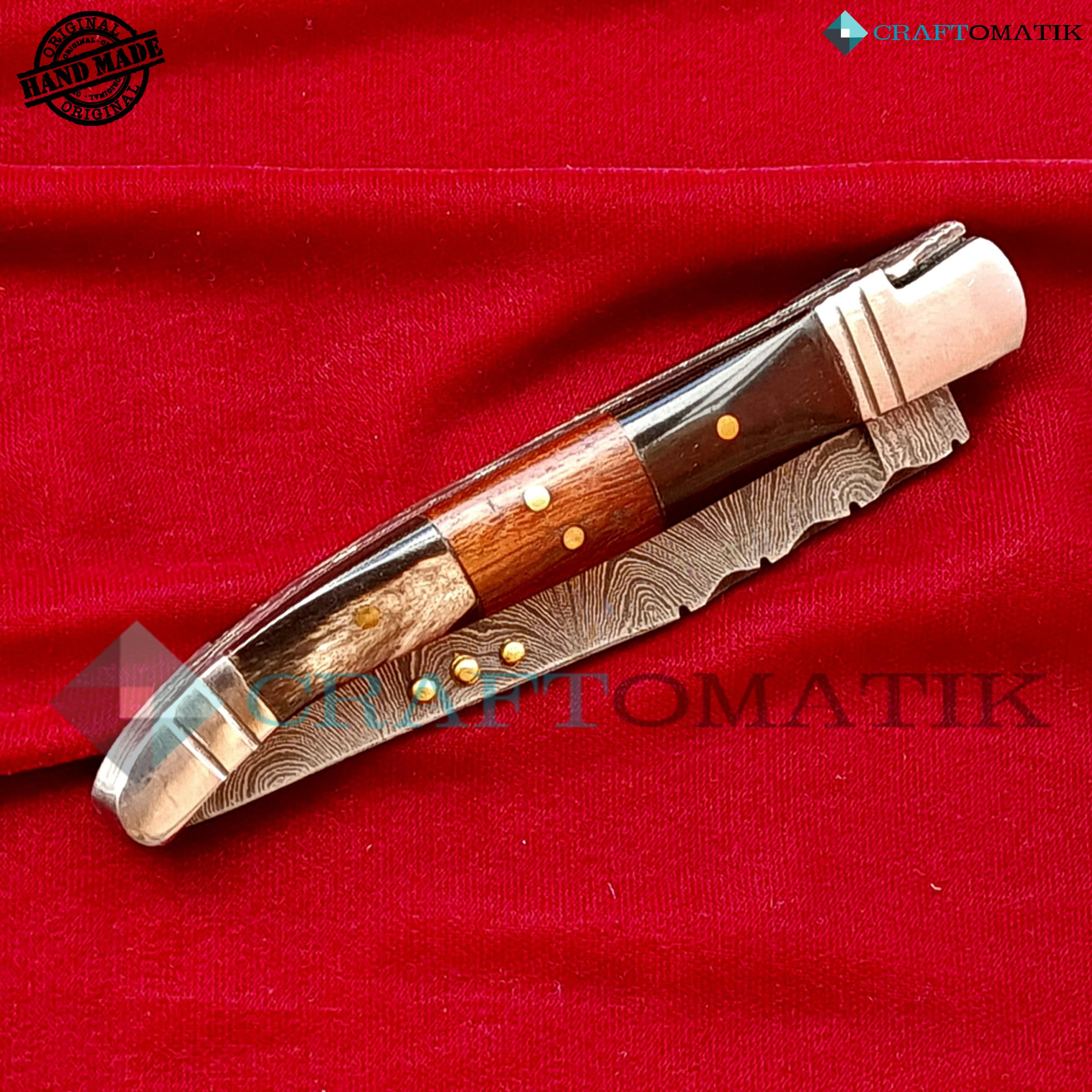 Damast Stahl Taschenmesser | Klappmesser Laguiole | Büffelhorn, Rosenholz, Edelstahl, Messing Stiften Griff | Handgefertigt Outdoor Damastmesser Camping Messer | FK25