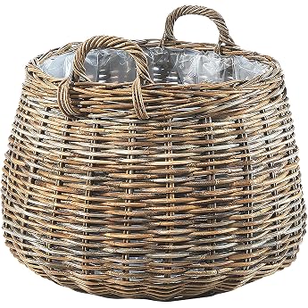 Kobolo Plant Basket Round XXL in Gray Rattan with Foil Lined for Indoor and Outdoor Use