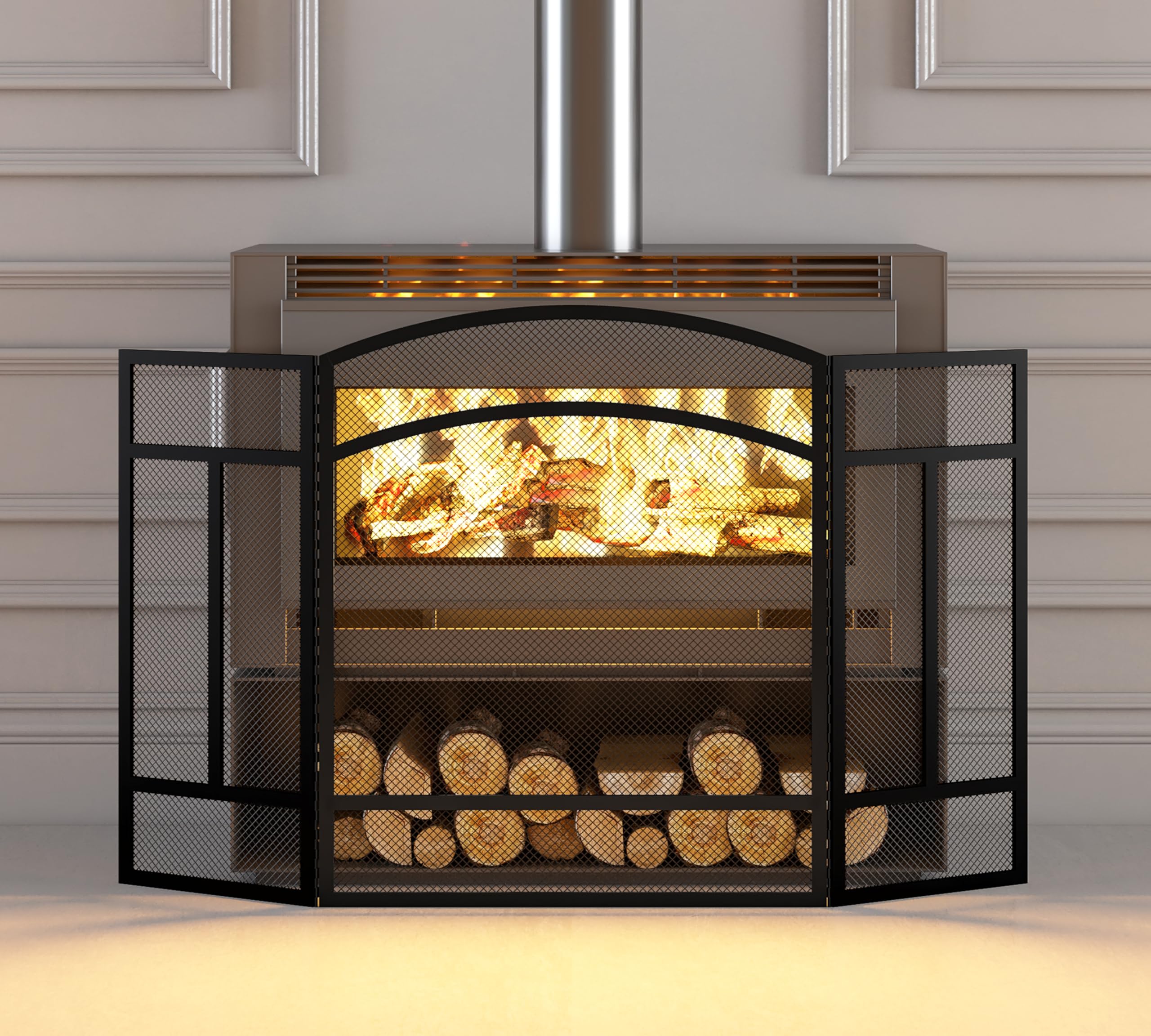 Pare-étincelles 3 panneaux 96,5 cm x 61 cm écran cheminée sans couture revêtement poudre noire