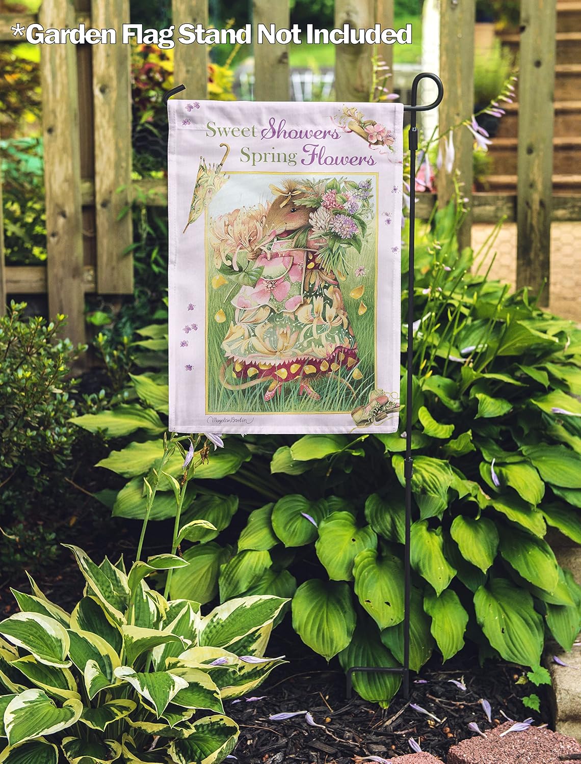 Flagology, Marjolein Bastin Sweet Showers Spring Flowers Vera the Mouse – Garden Flag 12" x 18", Outdoor Flag, Exclusive Premium Fabric, Spring