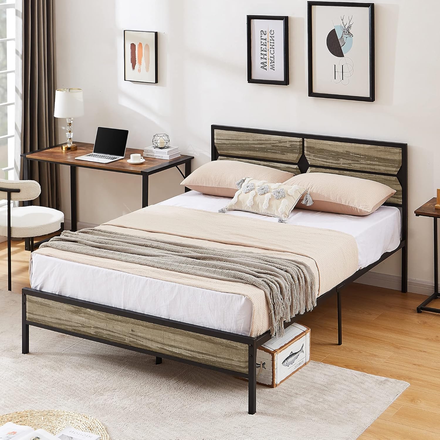 VECELO Full Platform Bed Frame with Wood Headboard/Mattress Foundation/Premium Steel Slats Support/No Box Spring Needed,Grey Slate(Square)