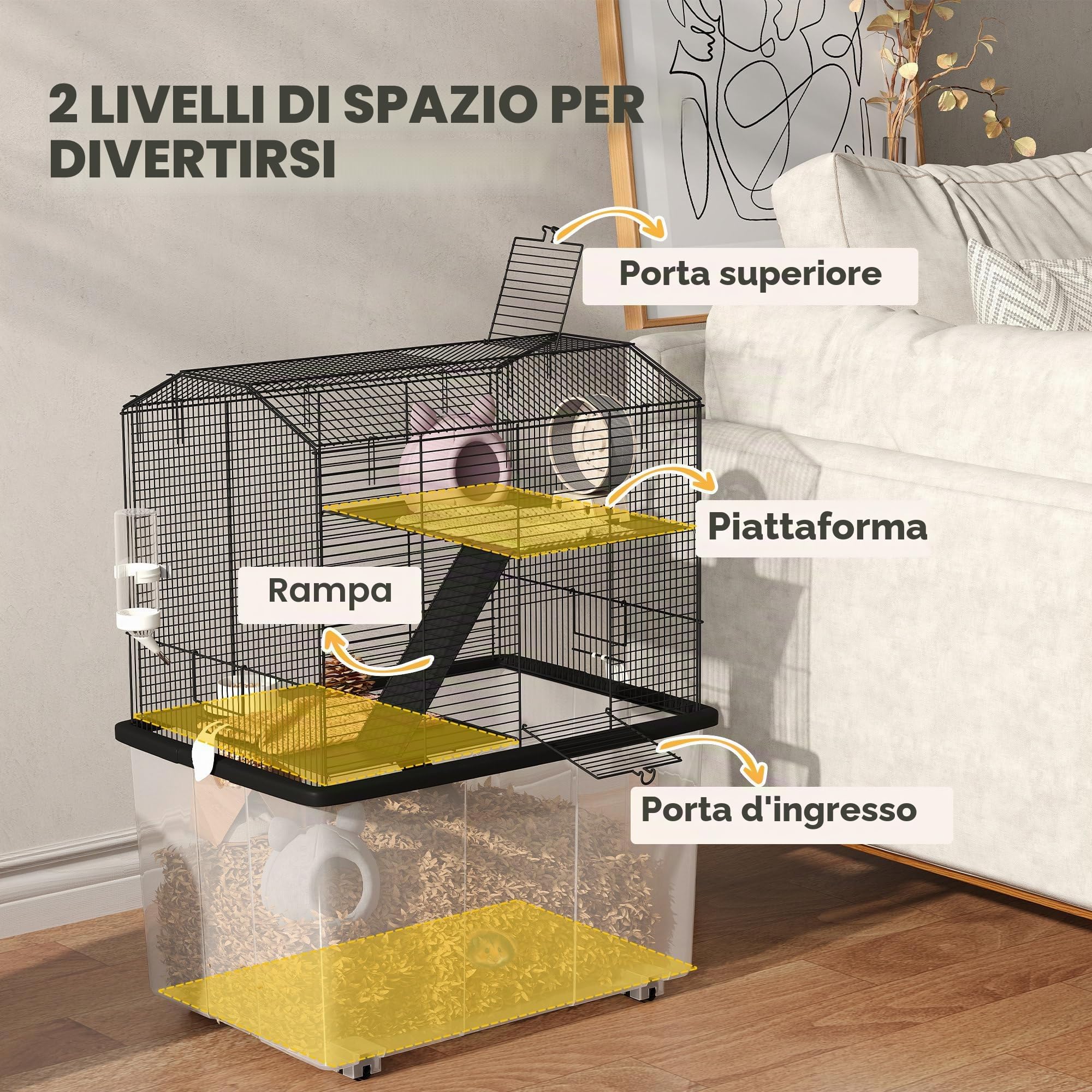 PawHut Gabbia per criceti, gabbia per roditori, 3 piani, con rotelle, 2 piattaforme e 2 scalette, in filo d'acciaio, 57 x 43 x 74 cm, nera