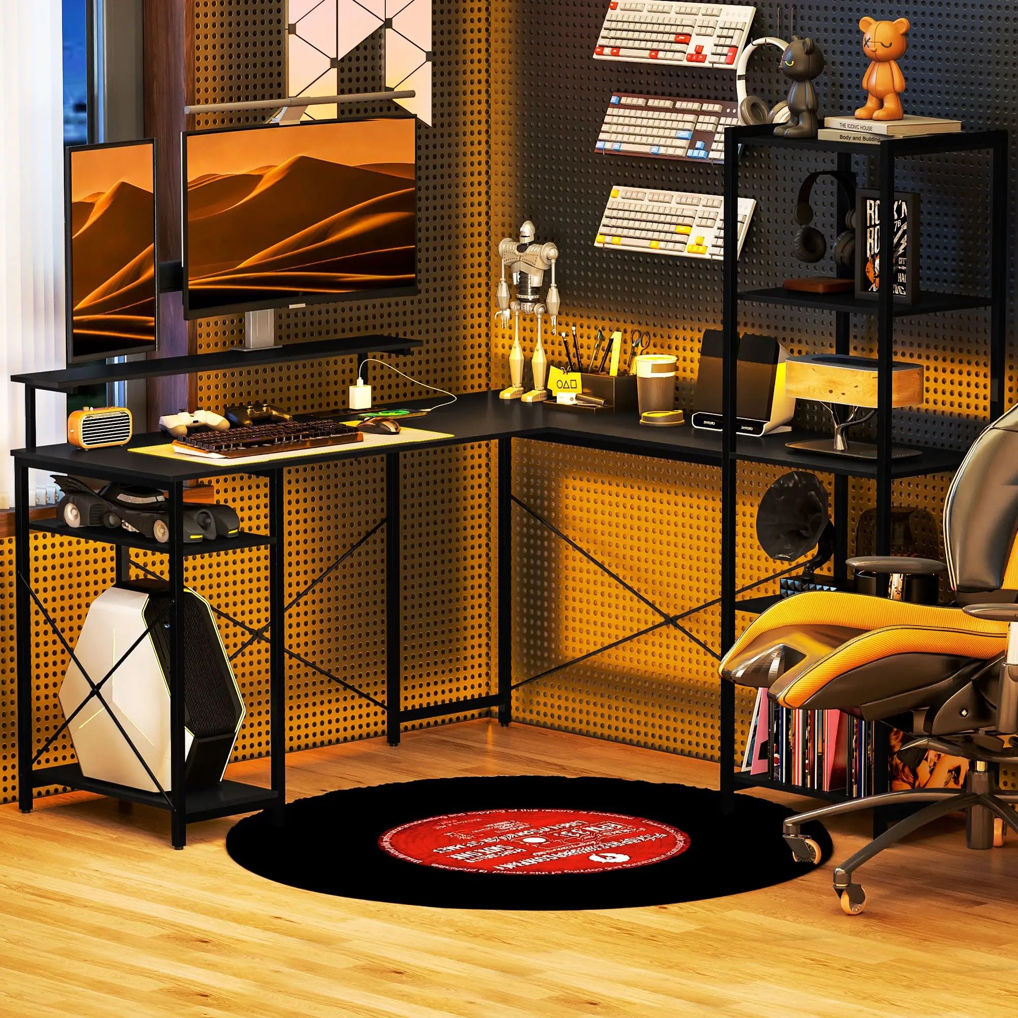I0I&I0I Eckschreibtisch L-förmig 137x140 cm in Schwarz, Computertisch mit USB-Steckdose, Monitorständer & 6 Ablagen, Metall-Bürotisch mit Regal, Homeoffice Arbeitstisch Stabil & Platzsparend (Stil 1)