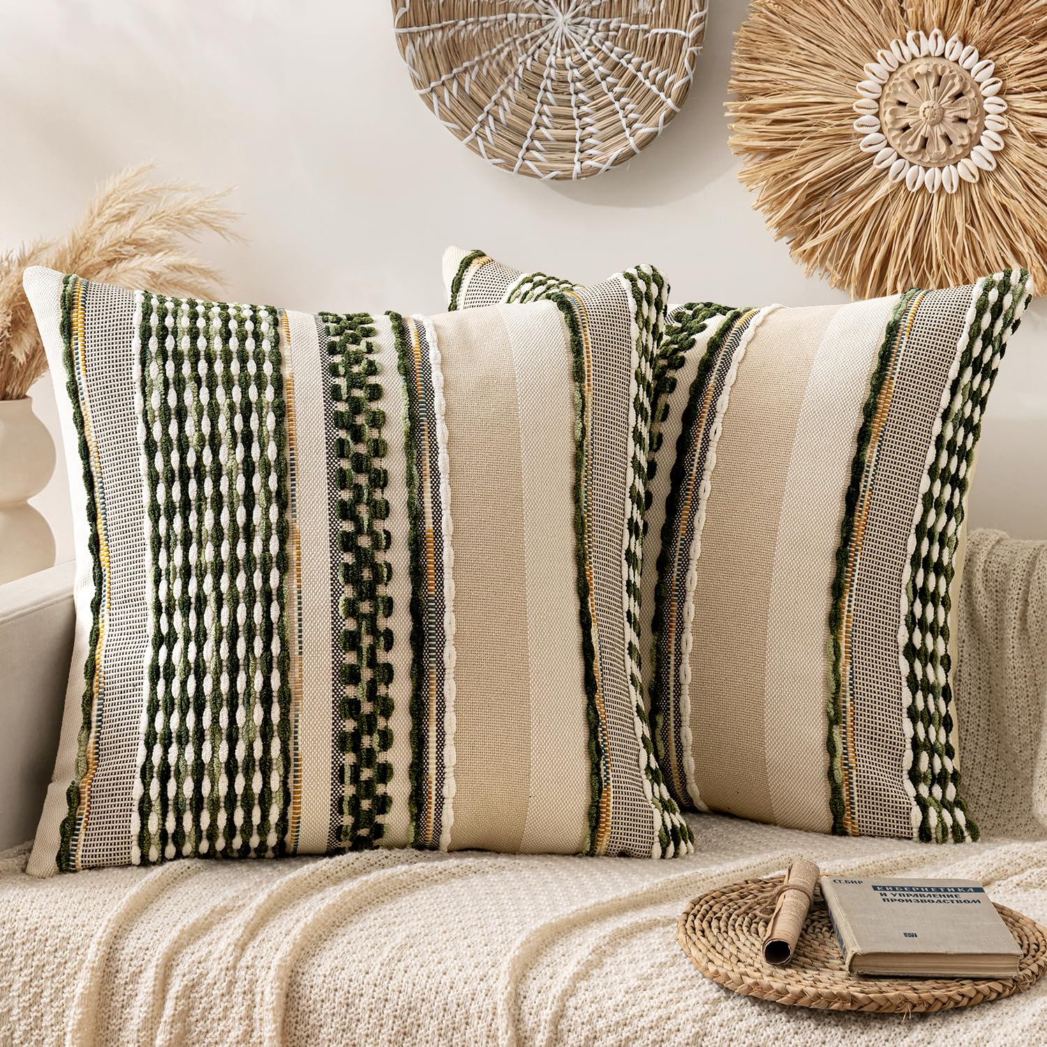 Photo 1 of ANRODUO Pack of 2 Boho Decorative Throw Pillow Covers 26x26 Farmhouse Cushion Case Striped Chenille Pillow Cases Square Pillow Covers Accent Neutral Pillowcase for Sofa Couch Bed, Olive Green Stripe