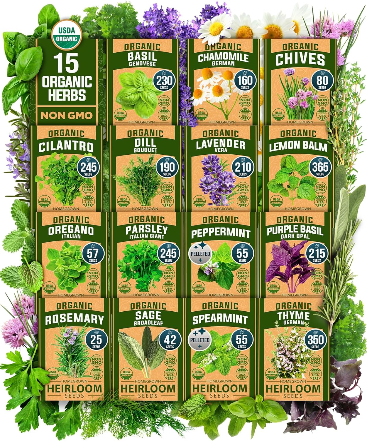 HOME GROWN 15 Organic Herb Seeds Variety Pack 2,500+𝗡𝗢𝗡-𝗚𝗠𝗢 𝗨𝗦𝗔 High-Germinating, Heirloom Seeds for Planting Indoor or Outdoor Herb Garden, Hydroponics Garden Seeds, Basil, Cilantro & More