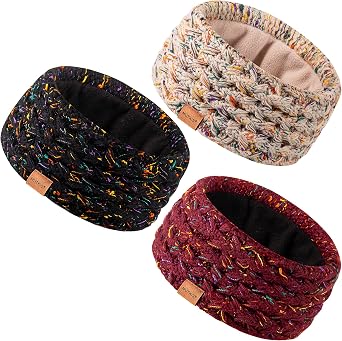 MUTKIS Winter Headbands for Women 3 Pack, Ear Warmers for Women Knit Thick Fleece Lined, Ear Muffs for Cold Weather Stocking StuffsConfetti Black&Confetti Oatmeal&Confetti Burgundy-001