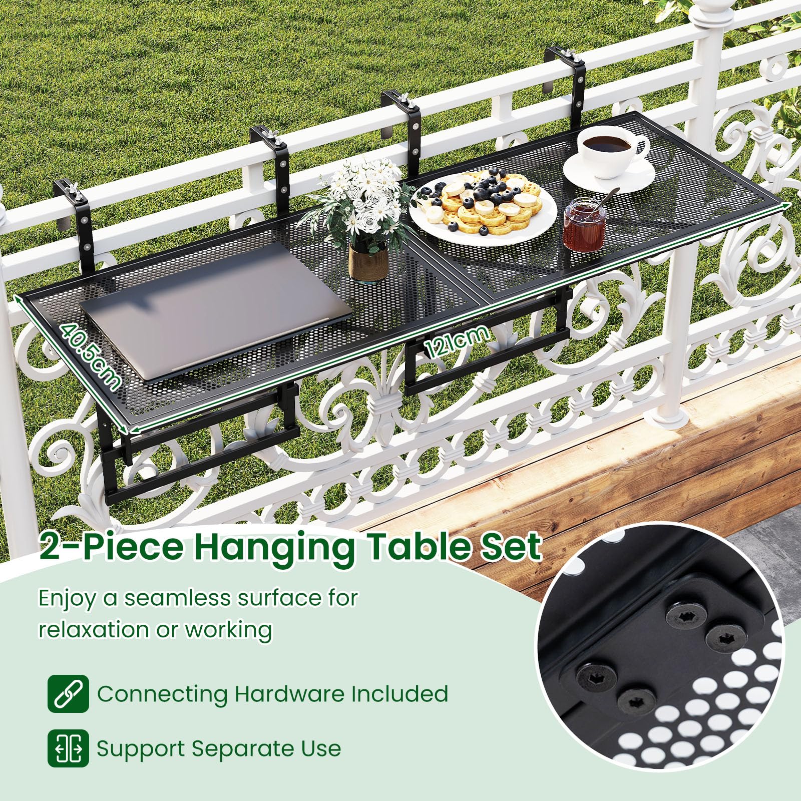 GIANTEX Set di 2 Tavolini da Balcone Pieghevoli, 121 x 41 x 60-80 cm | Tavolo da Ringhiera in Metallo con Ampio Ripiano, 5 Livelli di Regolazione in Altezza, Tavolo Sospeso Richiudibile