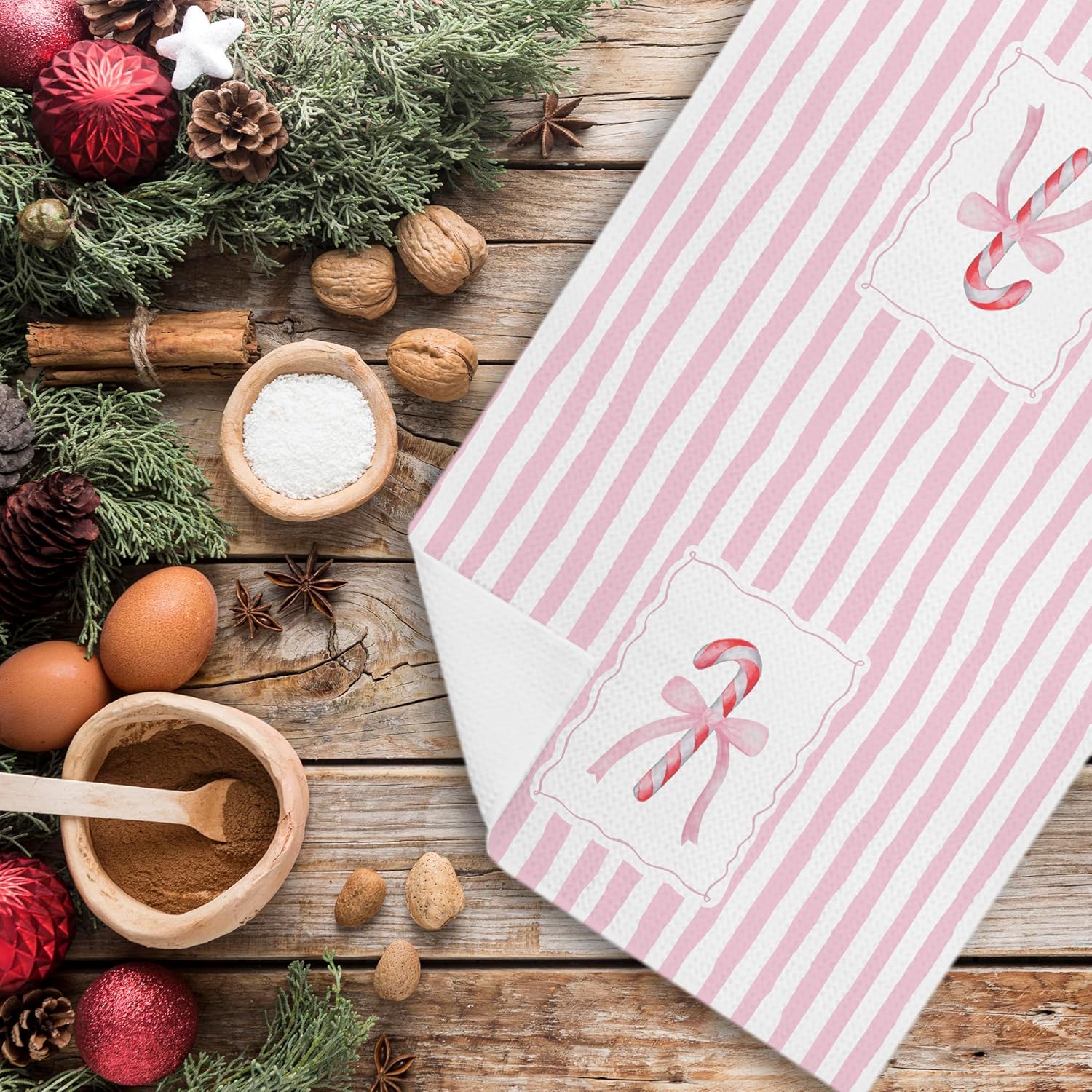 Preppy Pink Candy Cane Christmas Kitchen Dish Tea Towels, Pink Bow Stripes Decorative Hand Towels for Bathroom Kitchen, Coquette Christmas Bathroom Decor, 16x24 Inch - Image 6