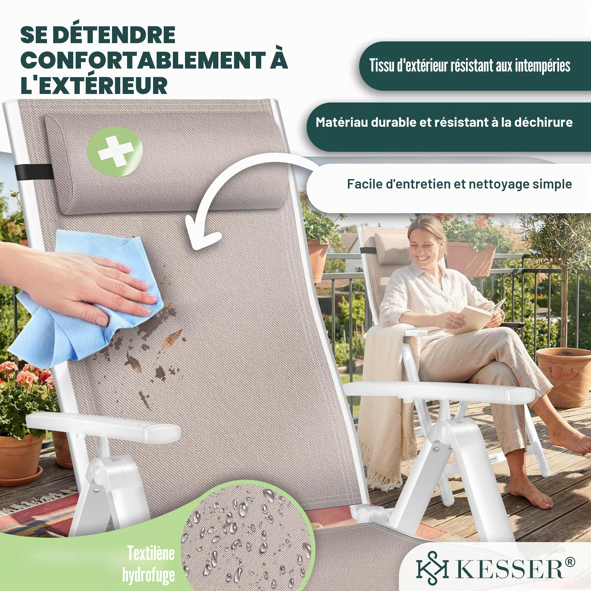 KESSER® Chaise de Jardin à Dossier Haut avec accoudoirs | Lot de 2 | en Aluminium avec Coussin et Housse | avec Dossier réglable en 7 Positions | Respirante, Pliable, Antidérapante | Taupe