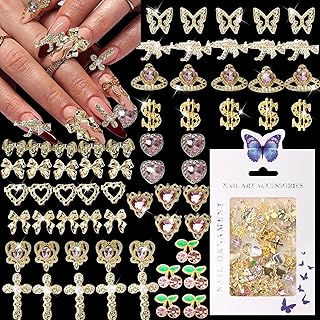 65PCS Nail Charms Y2k Alloy Nail Art Rhinestone Dollar Charms 3D Heart Star Bow Cross Guns with Rhinestones Butterfly Cherry Nail Gems Shiny Jewelry Nail Decorations Accessories Supplies 3