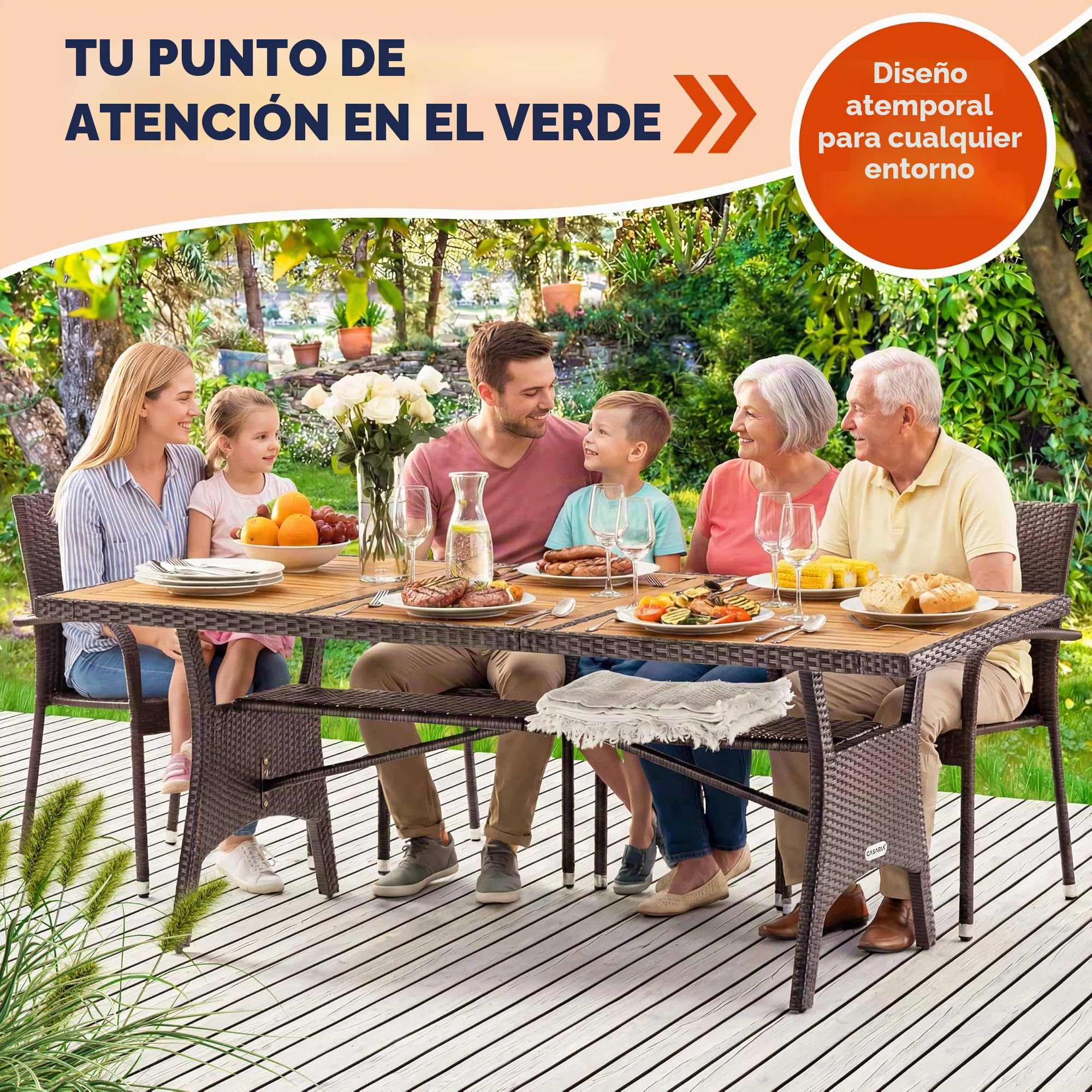 CASARIA® Mesa de Jardín Comedor 190x90cm Madera de Acacia Certificado FSC® Mueble Terraza Patio Marrón