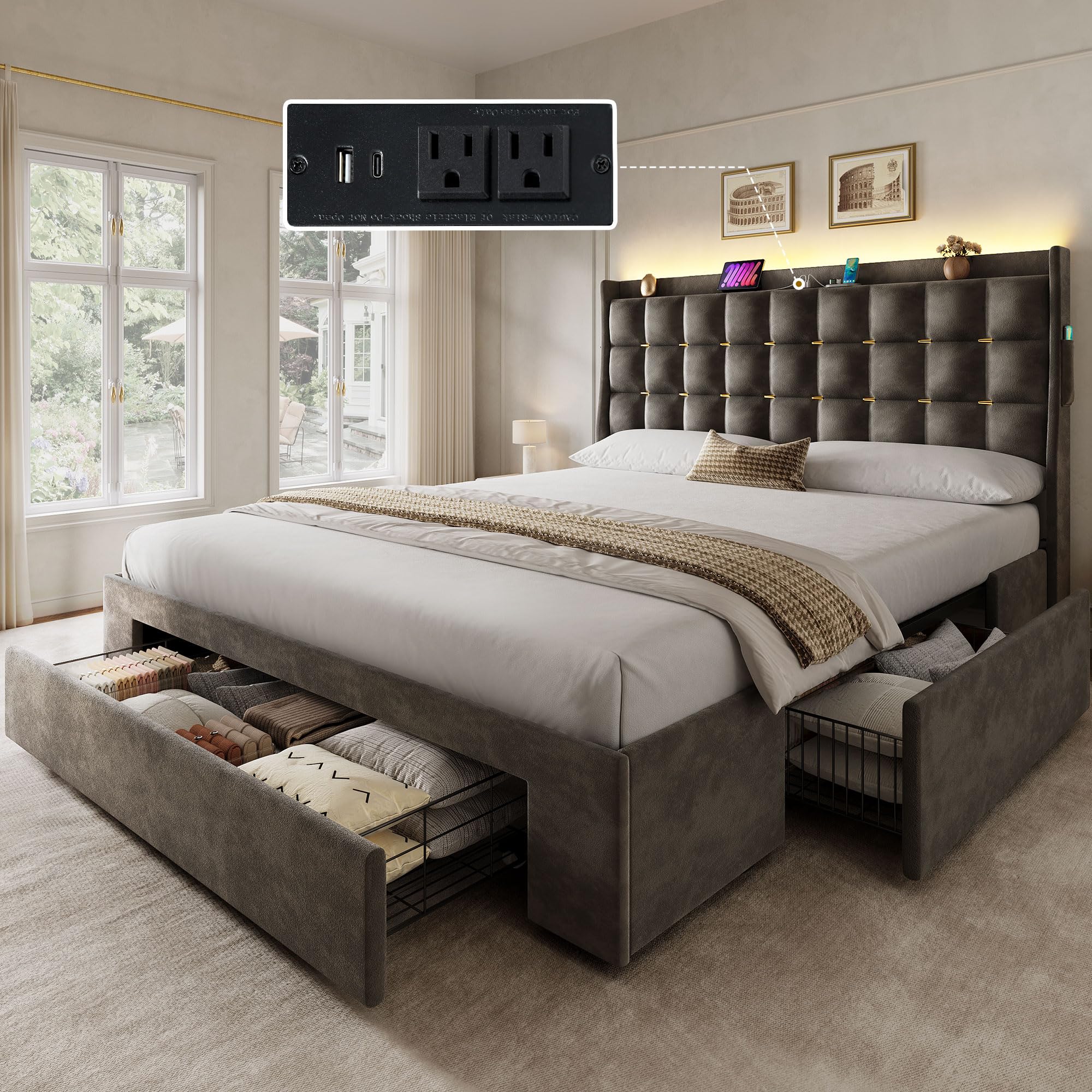 YITAHOME Queen Size Bed Frame with 3 Storage Drawers and RGB LED Lights, Velvet Upholstered Bed with Charging Station and Storage Headboard, No Box Spring Needed, Easy Assembly, Noise-Free, Grey Grey Queen