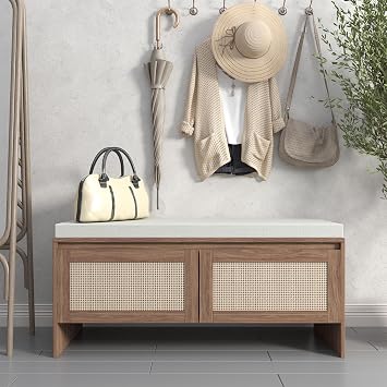 39" Rattan Shoe Bench with Cushion Seat, Mid-Century Modern Entryway Storage Bench with 2 Cane Doors, Boho Wooden Shoe Cabinet Organizer for Hallway, Bedroom, Natural