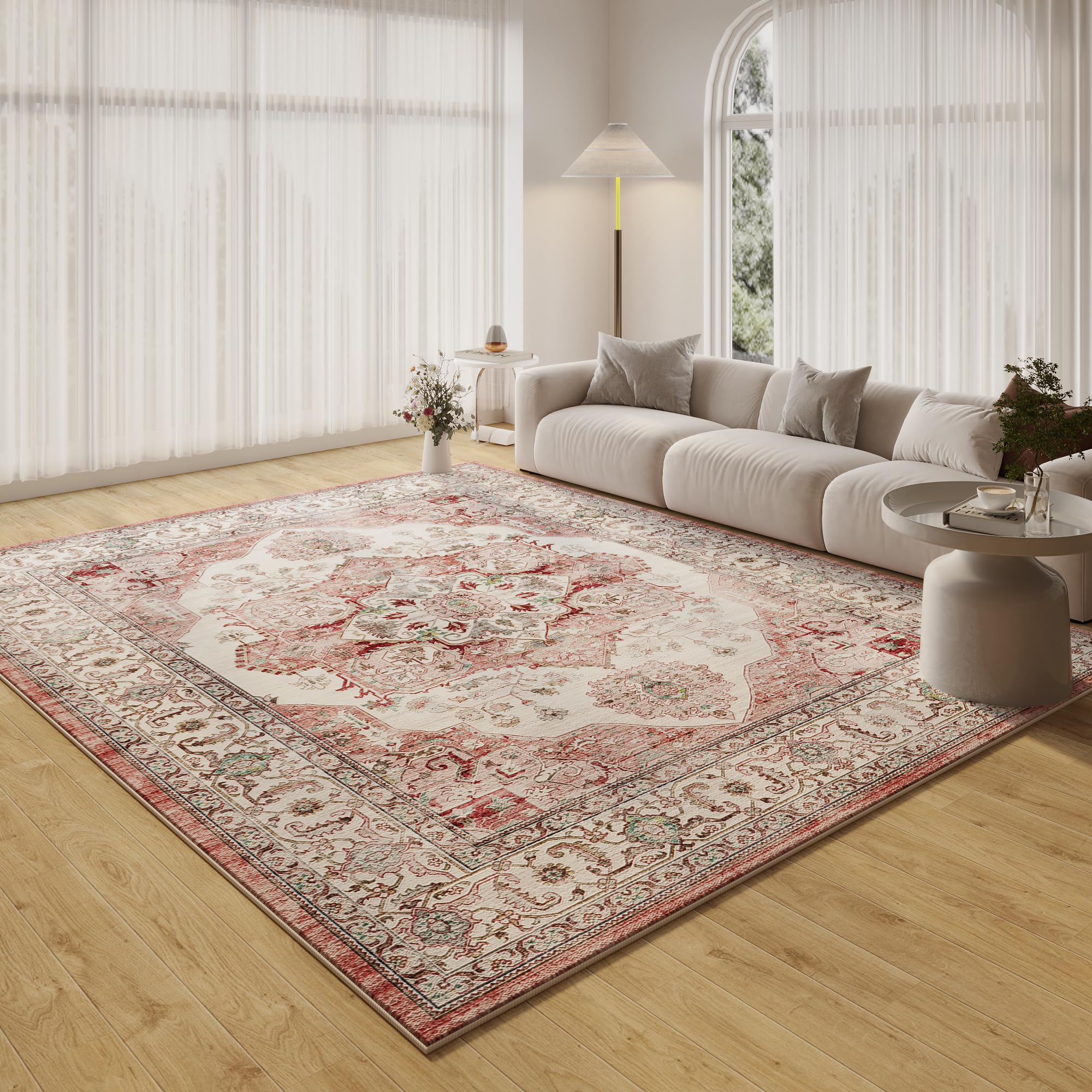 8x10 Area Rugs Machine Washable Boho Rug Non-Slip Vintage Low Pile Rugs for Living Room, Bedroom, Farmhouse, Dining Room,Kids Playroom Girls Pink