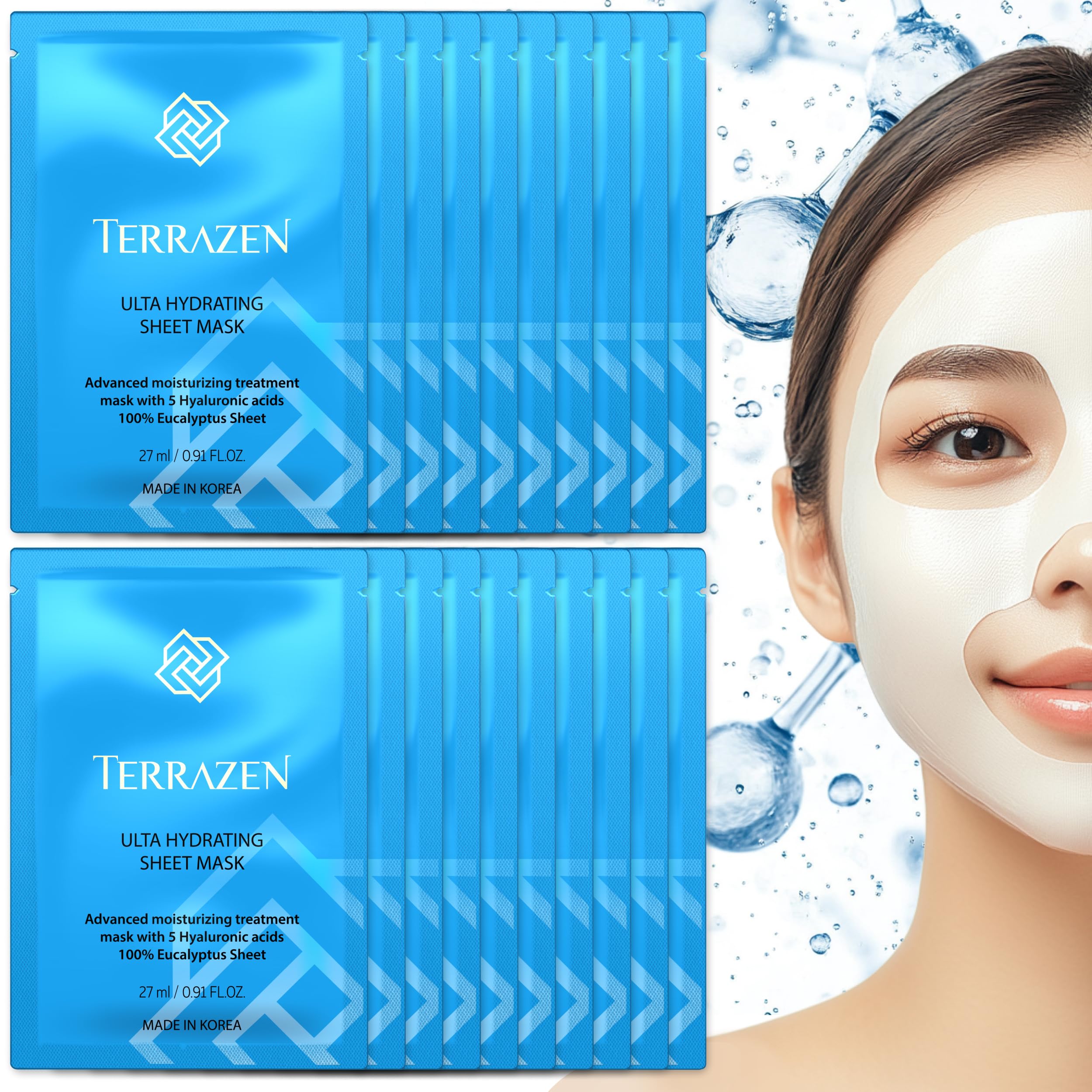TerrazenAQUA Korean Face Sheet Mask with Hyaluronic Acid 20 Sheet Pack - Natural Beauty Skincare For All Skin Types - Hydrating & Moisturizing for Sensitive Skin