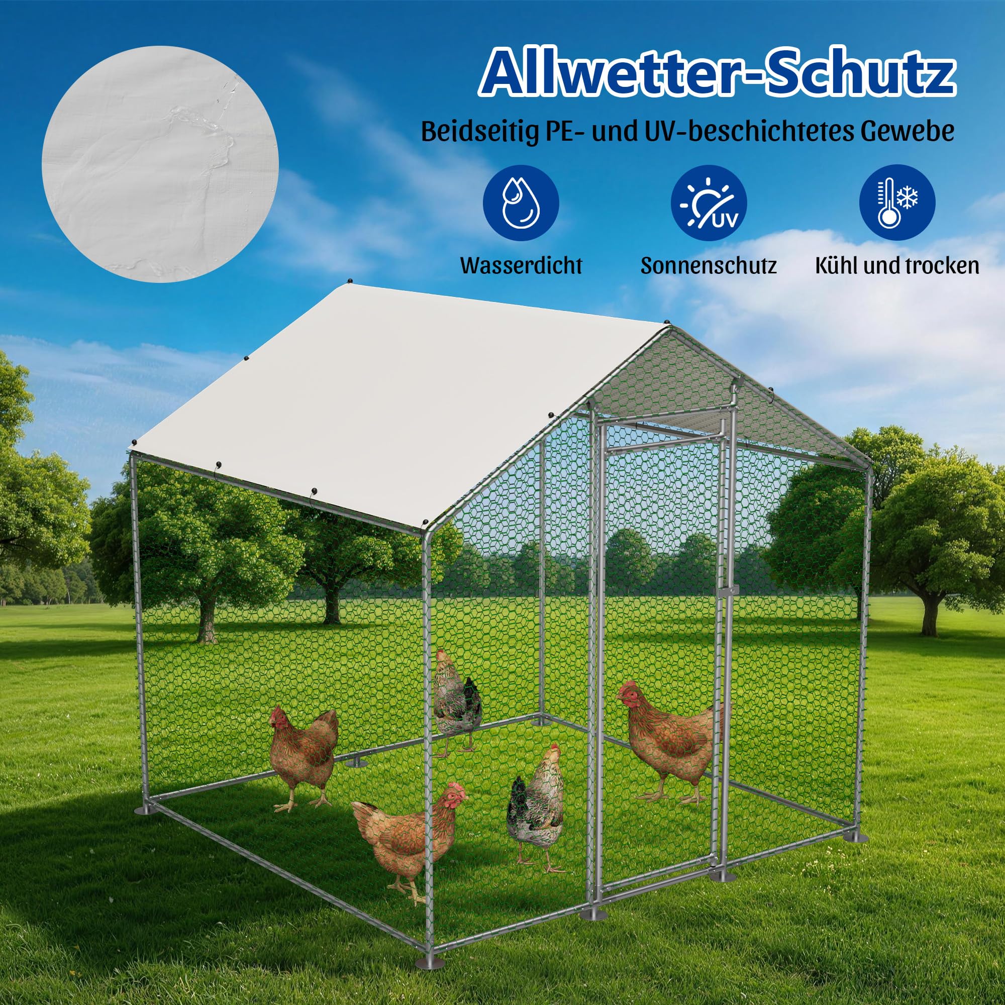 Thanaddo Hühnerstall Metall Freilaufgehege, 2x2 m Freilaufgehege Hühner mit PE-Tuch, Verzinkter Stahl Kleintierstall mit Riegelsystem-Tür für Hühner Haustierkäfig Hühnerkäfig Kleintiere Garten