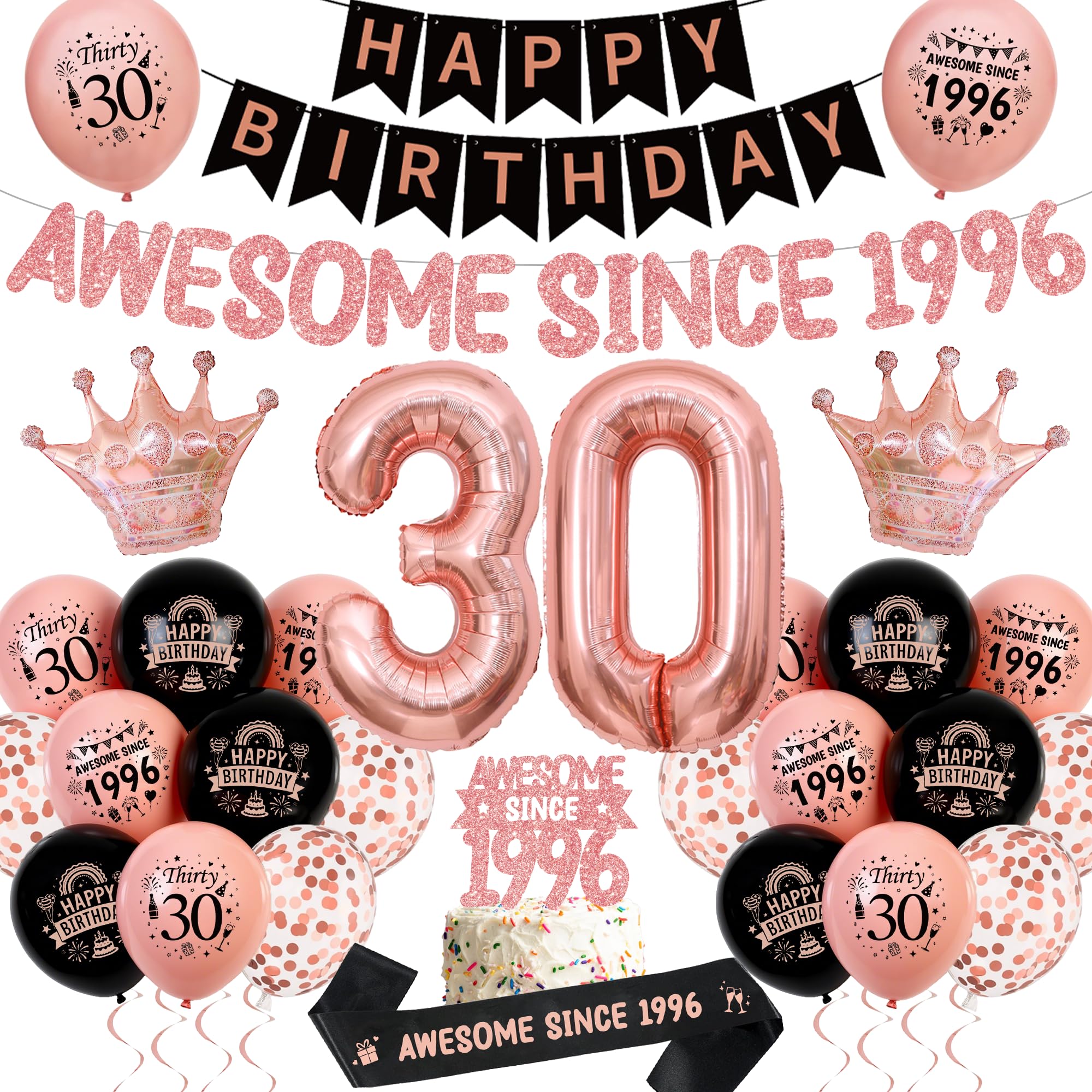 30th Birthday Decorations for Women, Awesome Since 1996 Banner Balloons