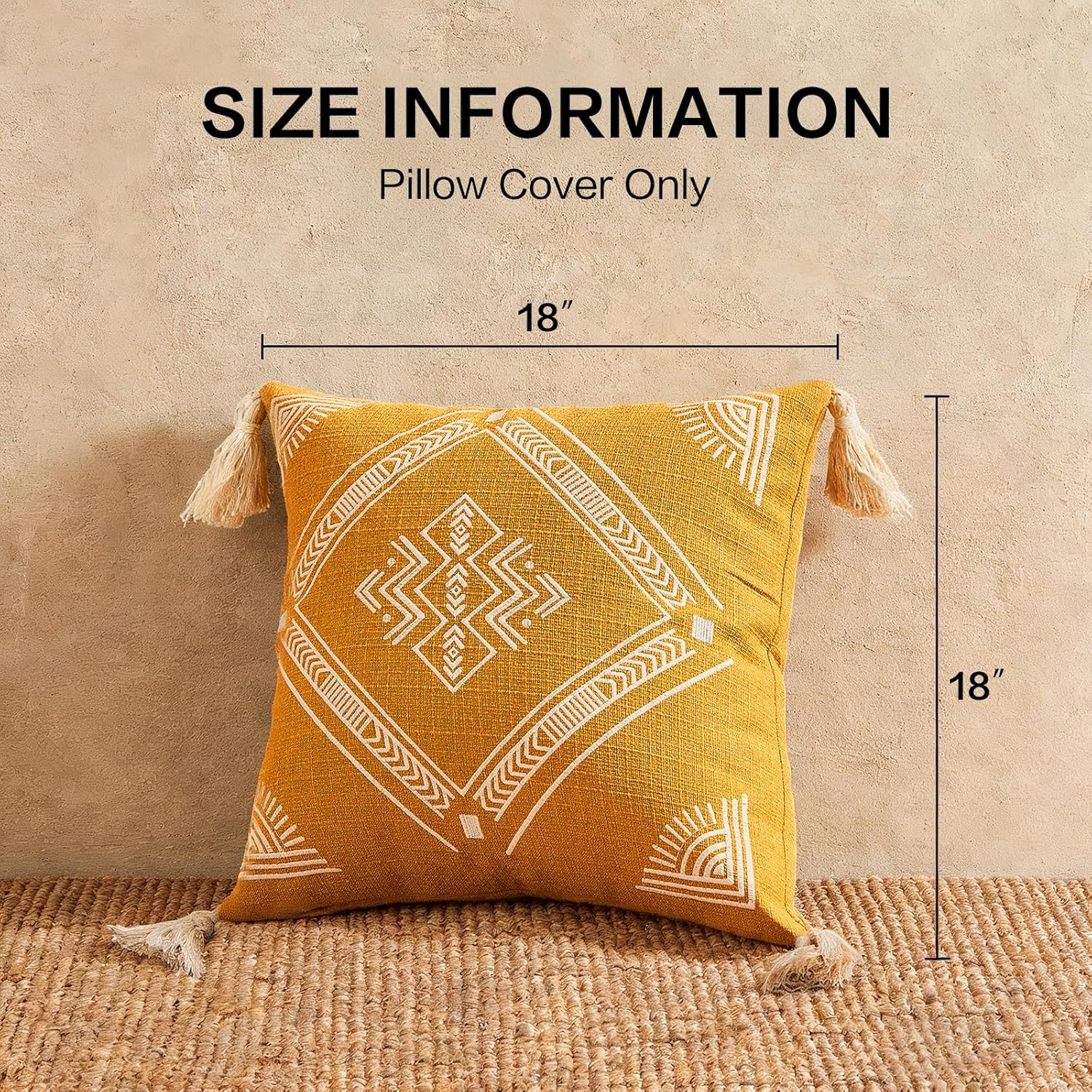 Embroidered Decorative Throw Pillow Cushion, Boho Design with Tassels for Home Accent Decor, Pillow Case Cover with Ultra Soft Insert for Sofa Couch Bed,18x18 Inch (Brown, 18×18 Inch)