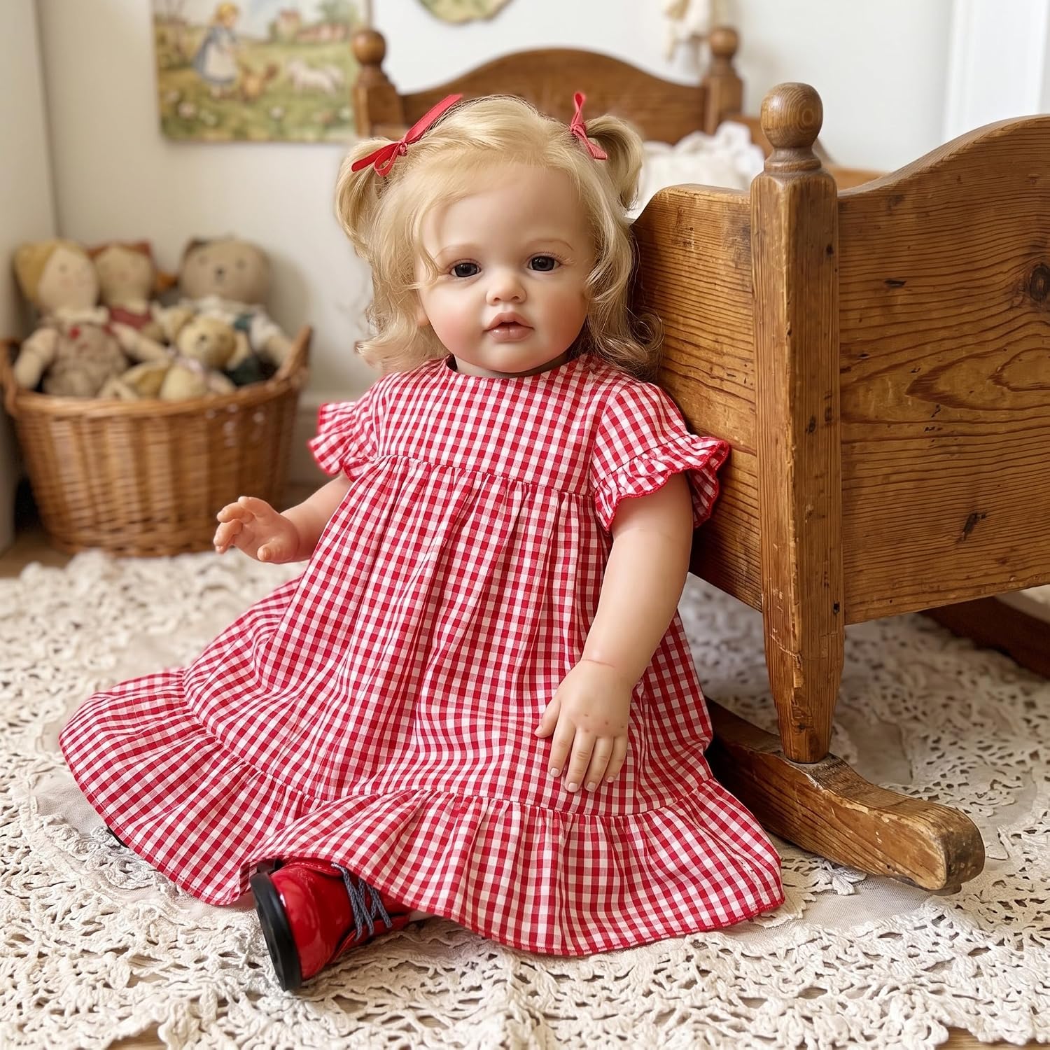 TERABITHIA 24 Inches 60CM Sweet Face Real Baby Size Rooted Blond Curly Hair Lifelike Reborn Baby Doll with Soft Cloth Body Realistic Newborn Toddler Girl Dolls that Look Real and Feel Real image 5