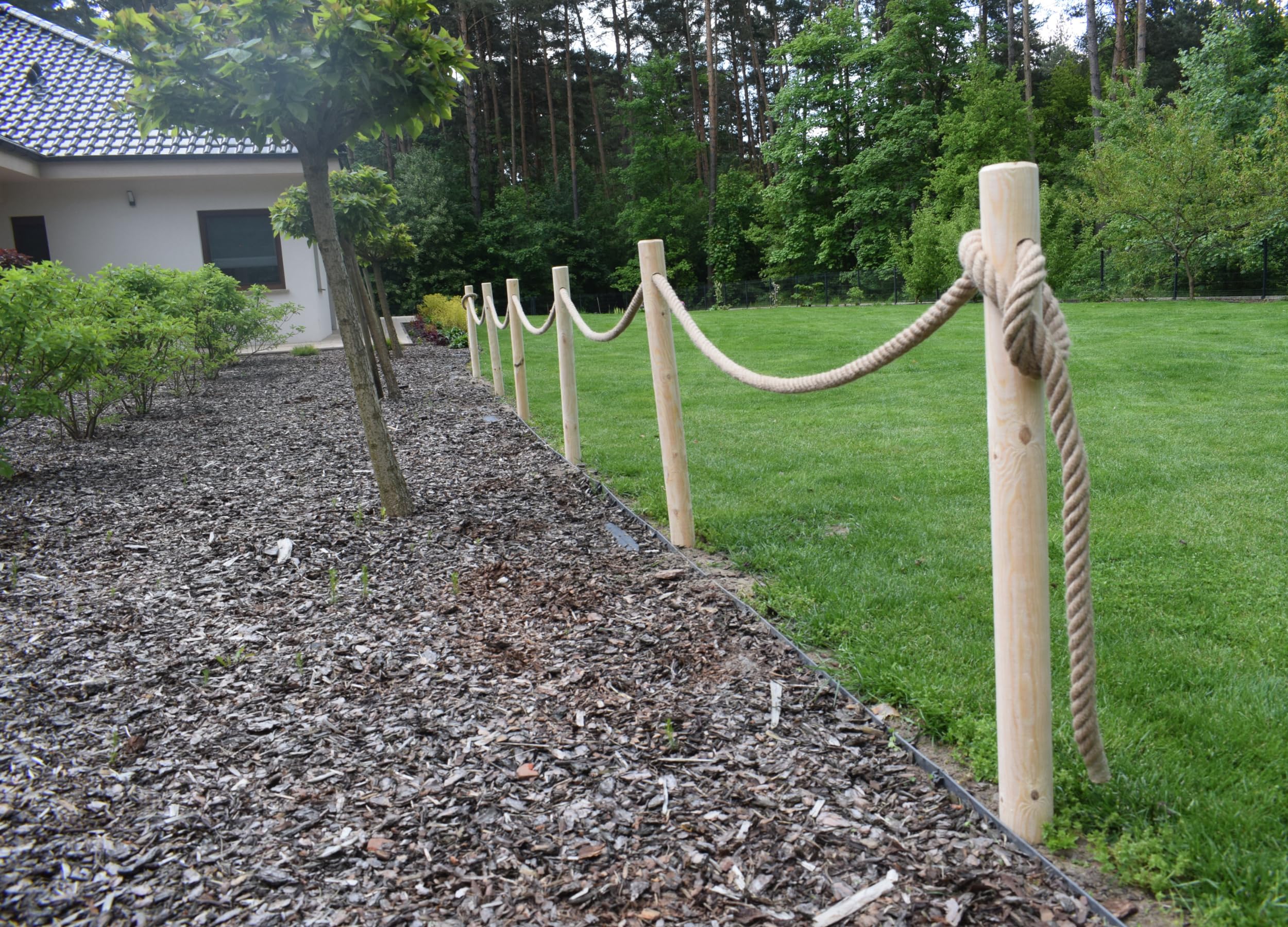 Recinzione In Legno 6 Pali Ø8x120 Cm Con Corda In Juta 12m Staccionata Da Giardino Pannelli Recinzione Legno Non Trattato