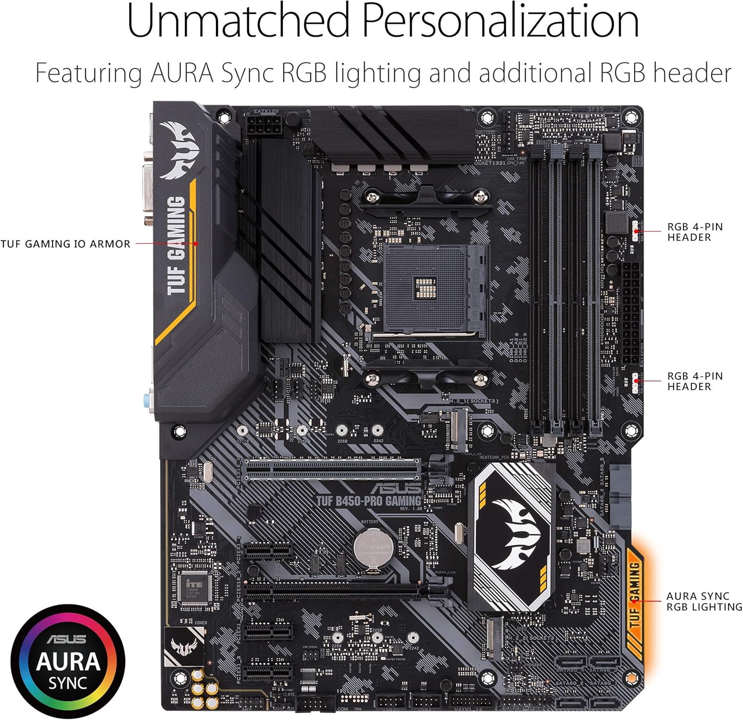 Asus TUF B450-Pro Gaming Motherboard (ATX) AMD Ryzen 3 AM4 DDR4, HDMI, Dual M.2, USB 3.1 Gen 2 and Aura Sync RGB Lighting B450