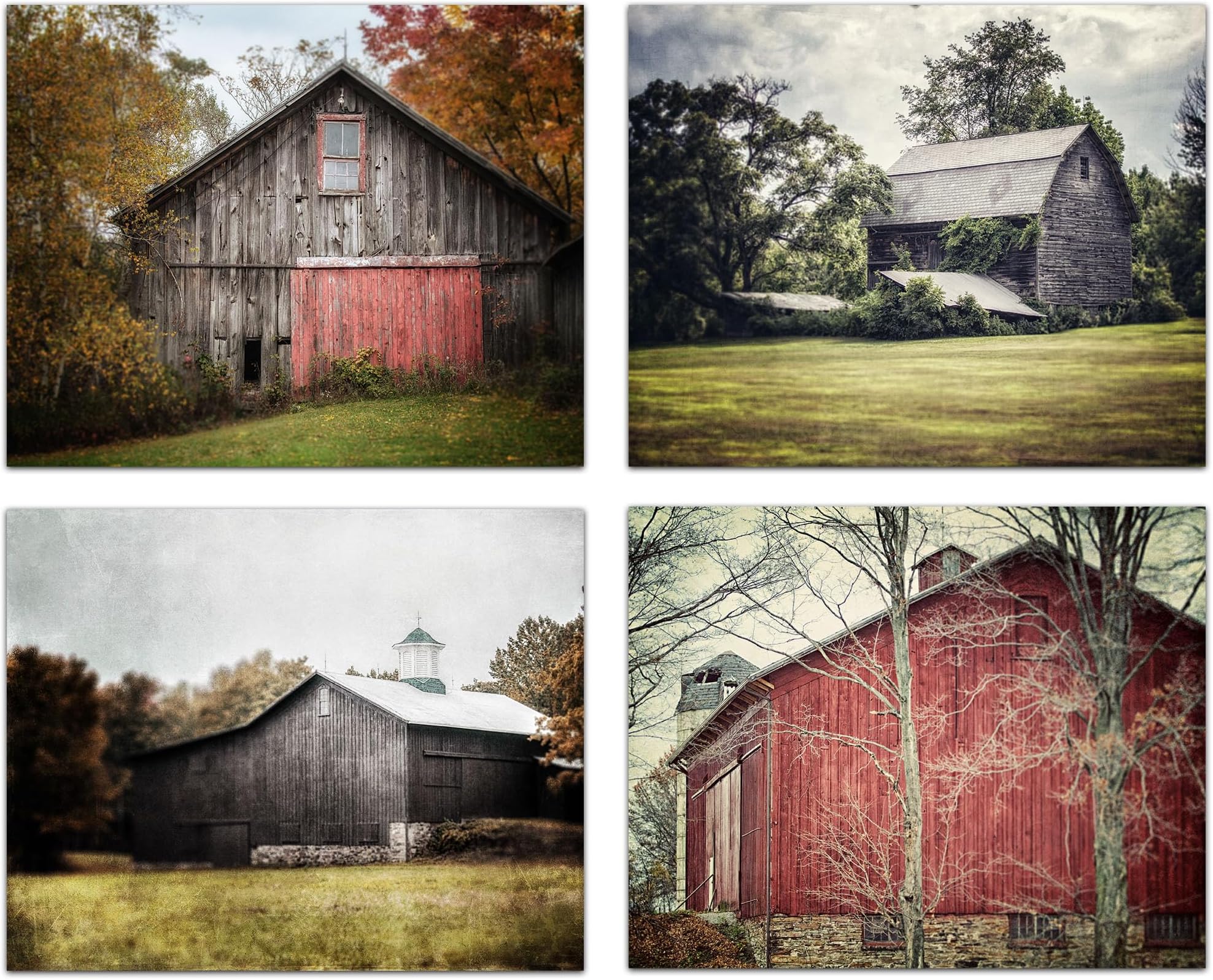 LISA RUSSO FINE ART - Rustic Red and Grey Vintage Look Barn Landscape Set of 4 11x14โ Unframed Photography Prints for Country Farmhouse Wall Decor - Rural Farm Artwork Pictures