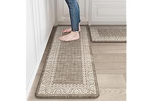 LEEOVAN Tan and White Kitchen Rug Set